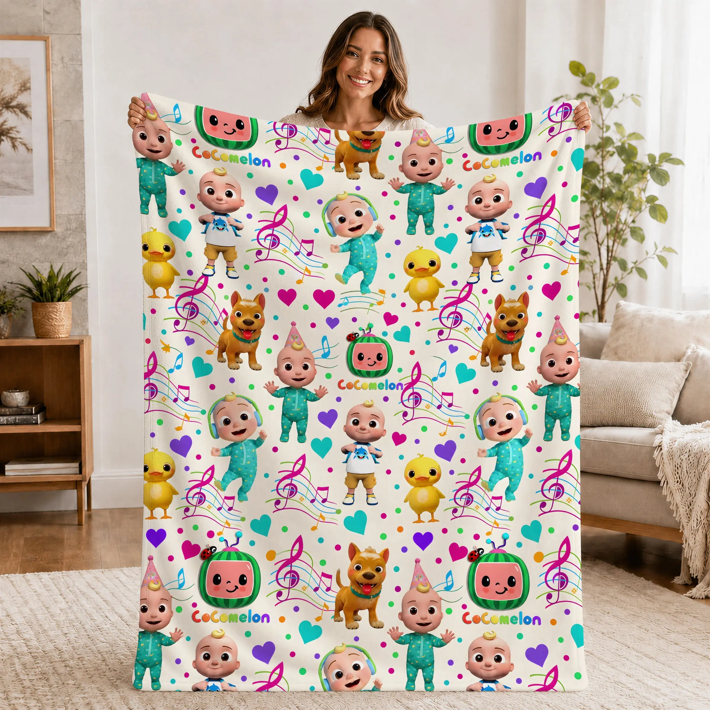 Cocomelon Cute Animal and Musical Note Flannel Cartoon Print Blanket, Super Soft Plush Throw Couch Blanket for Fans and Home, Cozy and Comfortable, Fluffy Soft Blankets