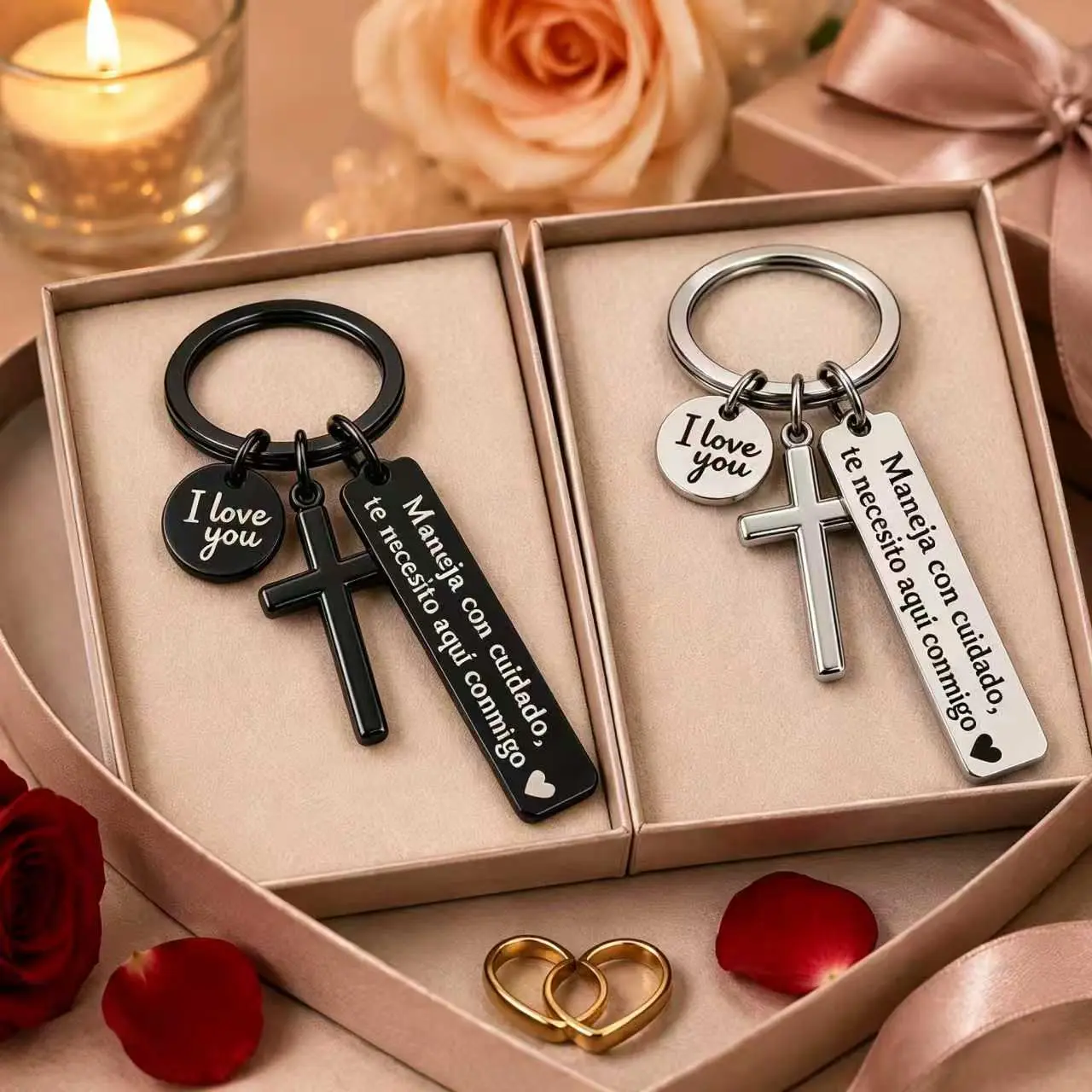 Stainless Steel Spanish Drive Safe Keychain with Cross, "I Love You" Charm "Maneja Con Cuidado Te Necesito Aquí Conmigo" Message, Romantic Religious Gift for Him (Father's Day, Boyfriend Birthday, Anniversary) & GF Gift, Father's Day Gifts
