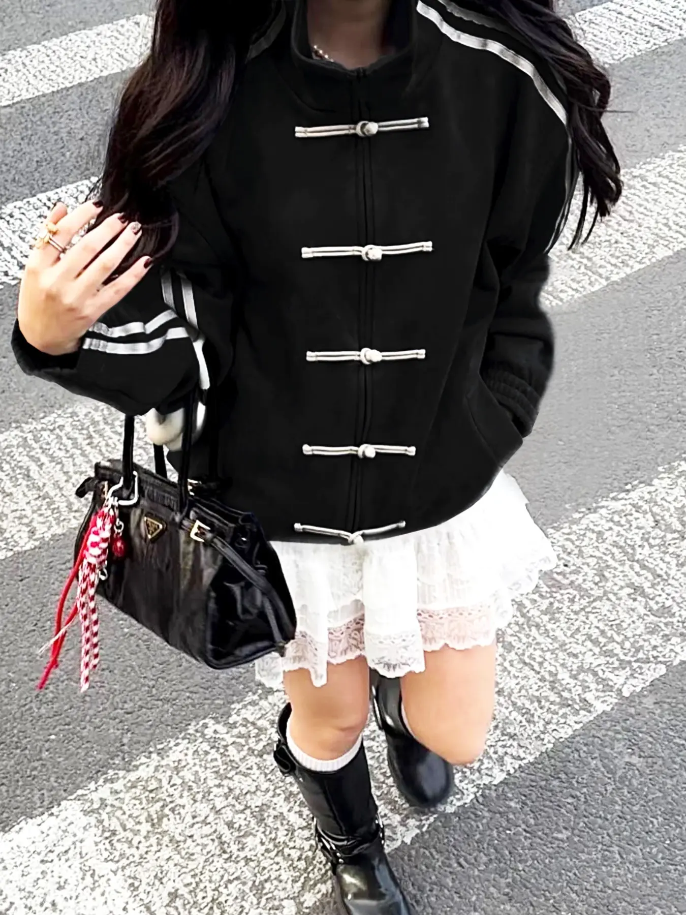 Oriental Frog Closure Side Stripe Oversized Boxy Coat, Aesthetic Stylish and Comfortable Outerwear, Perfect for Casual Wear, Unique Design