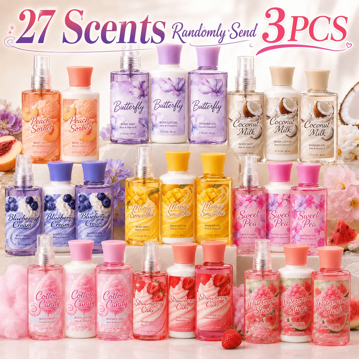 Random 3pcs Body Care Set From 27 Scents, Includes Body Mist, Body Lotion And Shower Gel, Hair Fragrance Experience with Floral Fruity Sweet Aromas, Long Lasting Fresh Fragrance, Perfect Gift for Women, Birthday, Holiday, Travel And Daily Use