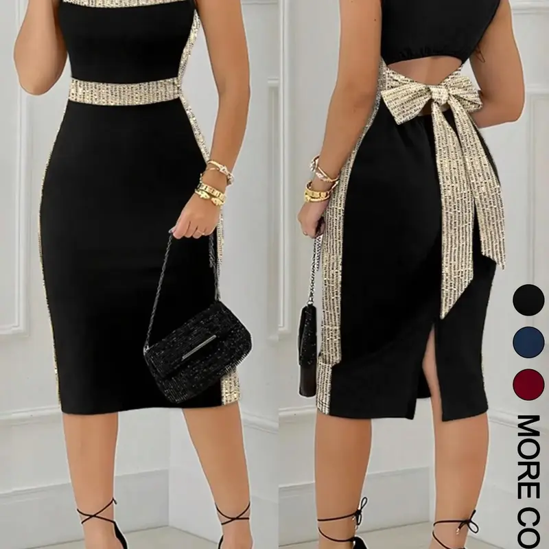 Women's Gold Sequin Square Neck Sleeveless Evening Dress Formal Wear, Back Cutout Large Bow Bodycon Split Slit Midi Skirt, Elegant Cocktail Party Gown Fitted Womenswear, Cocktail Party Dresses
