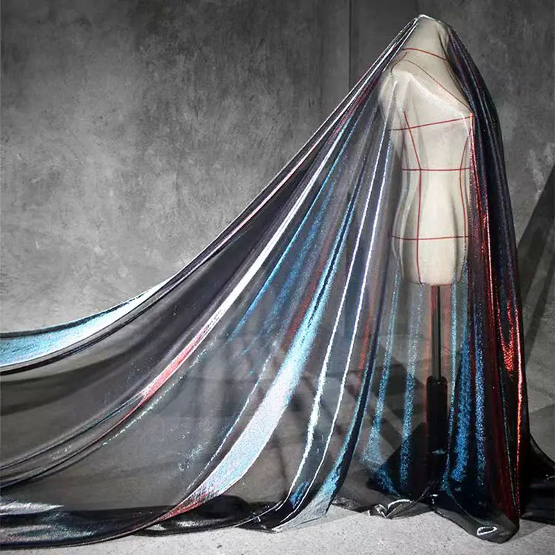 Luxury Holographic bluered Shimmer Sheer Tulle Fabric, Glossy Metallic Transparent Mesh Cloth, Multi-purpose Sewing Fabric for Formal Outfit, Stage Costume, Wedding Decor