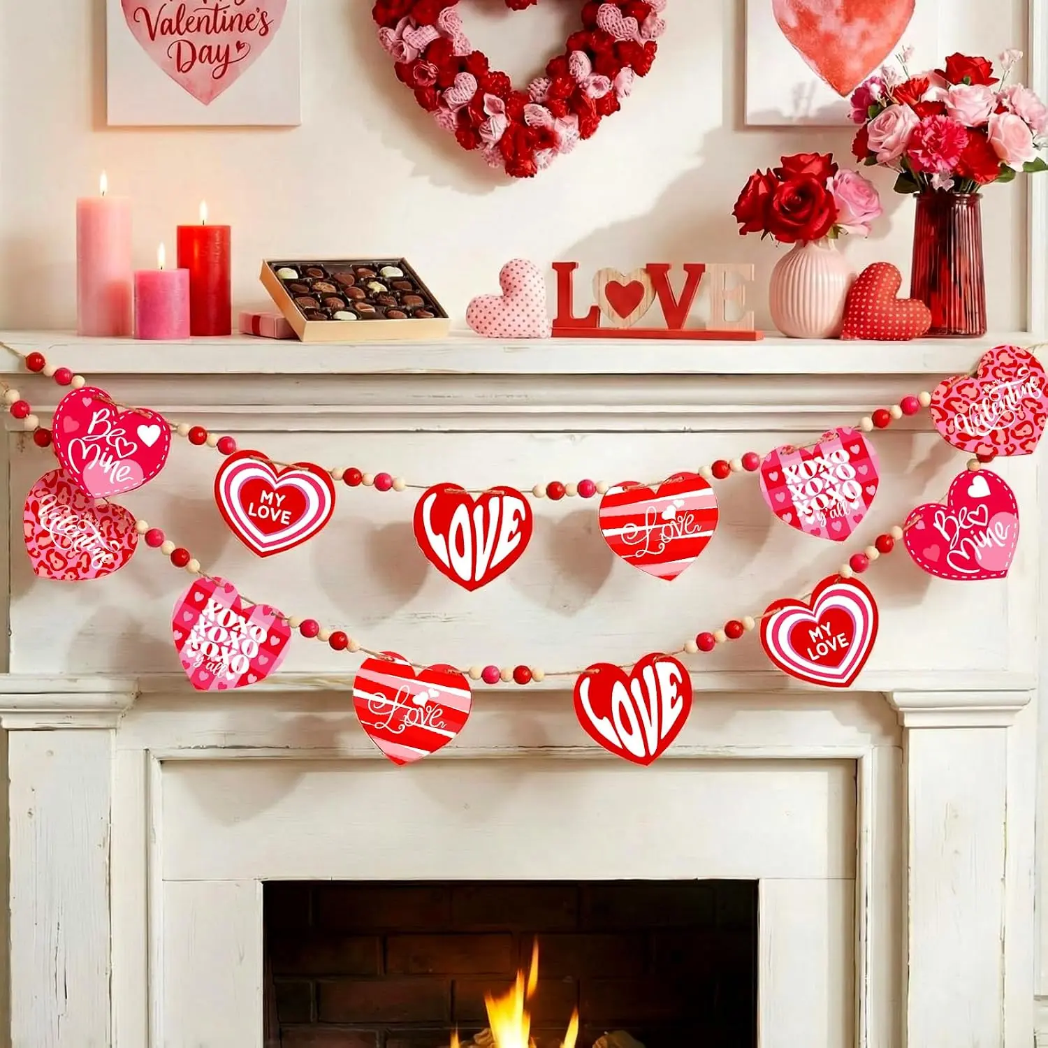 1 Set Valentines Mantle Garland 6.56 ft  Heart Valentines Beads Banner  Red Love Heart  Garland for Wall Fireplace Shelf Display Indoor Outdoor Decor for  Party Supplies