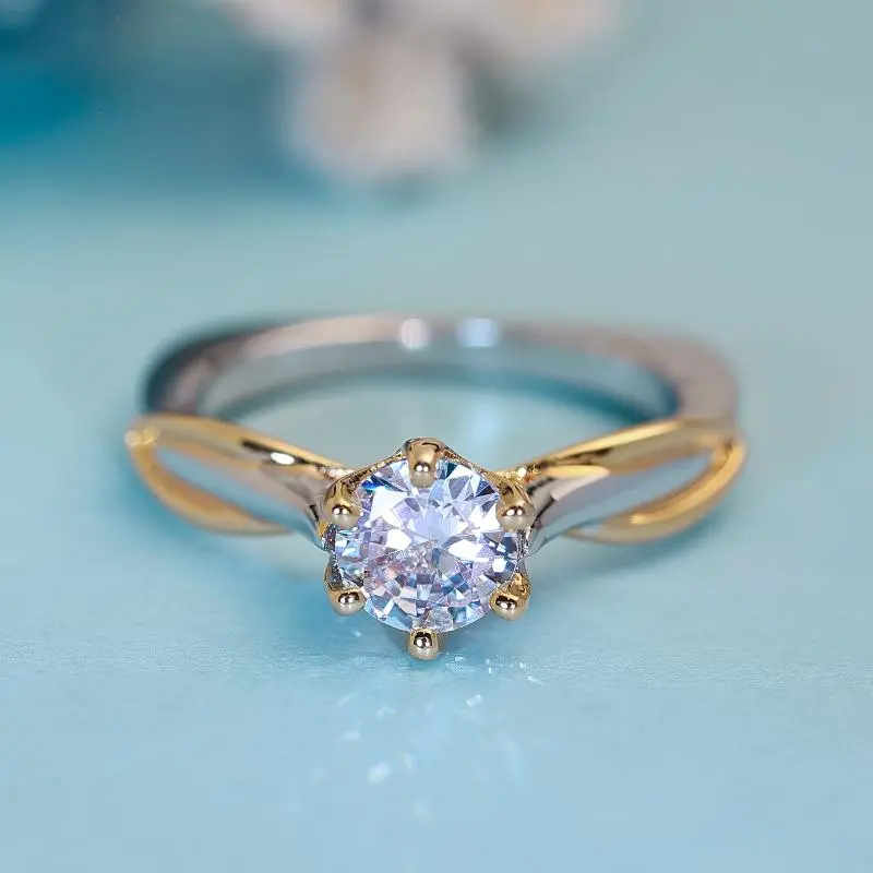 Women's 2-Tone Gold & Silver Solitaire Engagement Ring - Twisted Band, Sleek Craftsmanship, Unique, Elegant Everyday Casual, Bridal-Ready Shine, Anniversary Gift Jewelry, Sizes 6-10