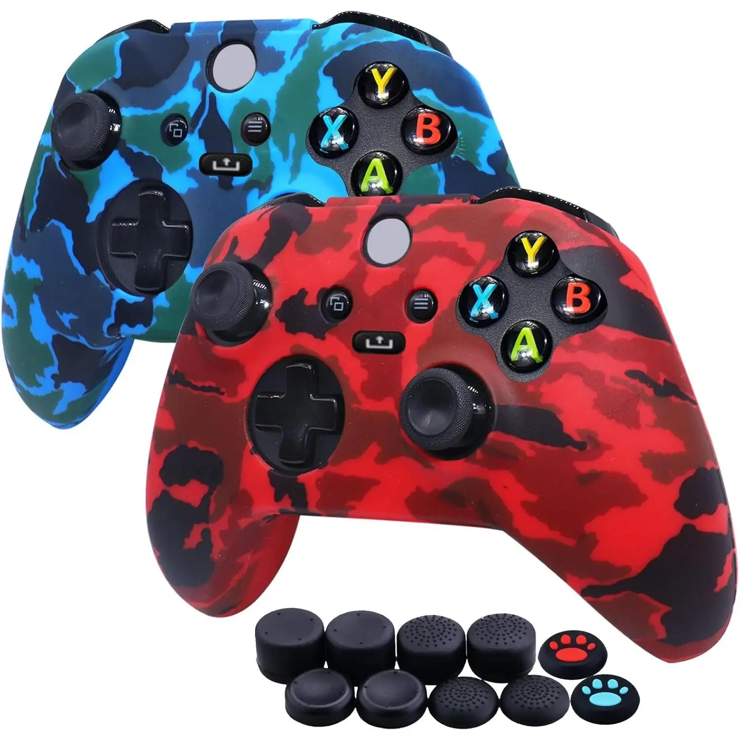 Jusy [2 Pack] Soft Silicone Controller Skin Set for Xbox Series X/S Console, Gaming Console Accessory with Protection, Sweat-Proof, Dust-Proof, Anti-Slip Case & 10 x FPS Pro Thumb Grips (Red+Blue)