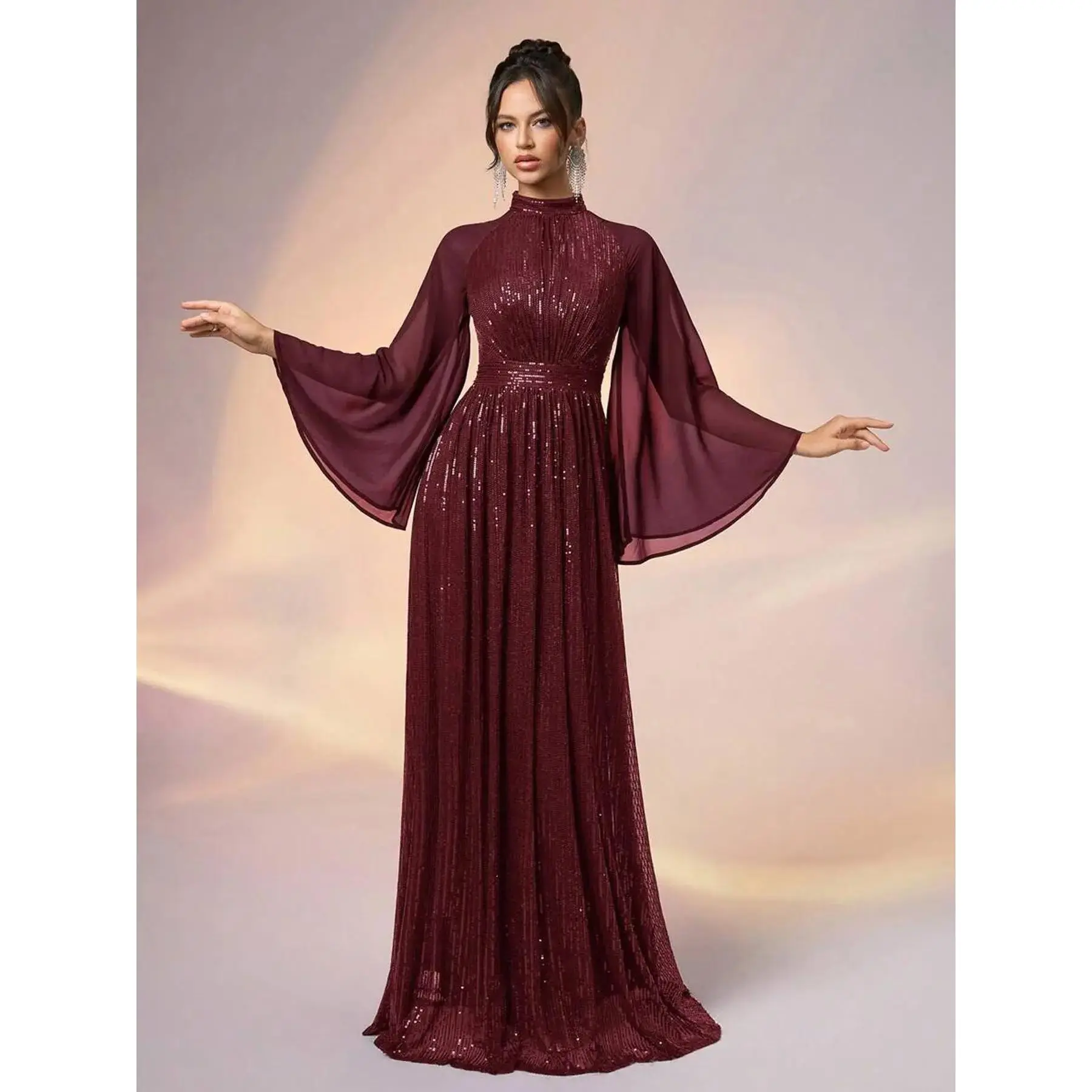 Women's Wine Sequin Stand Collar Flare Sleeve Long Dress Gown, Vintage Elegant Style, Waist Cinching Slimming Design, for Evening Parties Weddings
