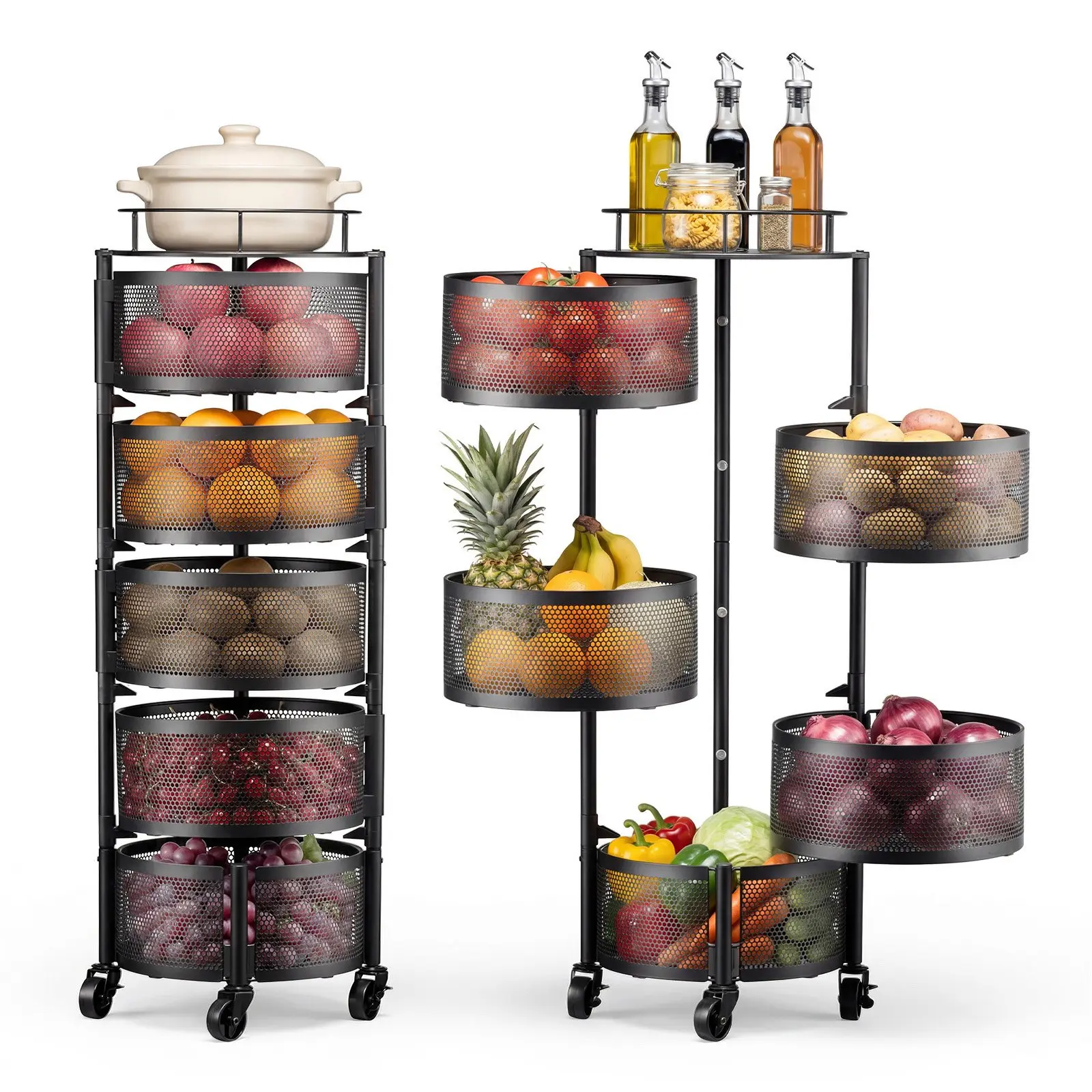 VEVOR Rotating Storage Rack Cart, 5 Tier Fruit and Vegetable Basket Bowls, Heavy Duty Wire Basket Organizer on Wheels, Large Capacity Stand with Metal Top Lid, for Kitchen Bathroom Nursery, Black