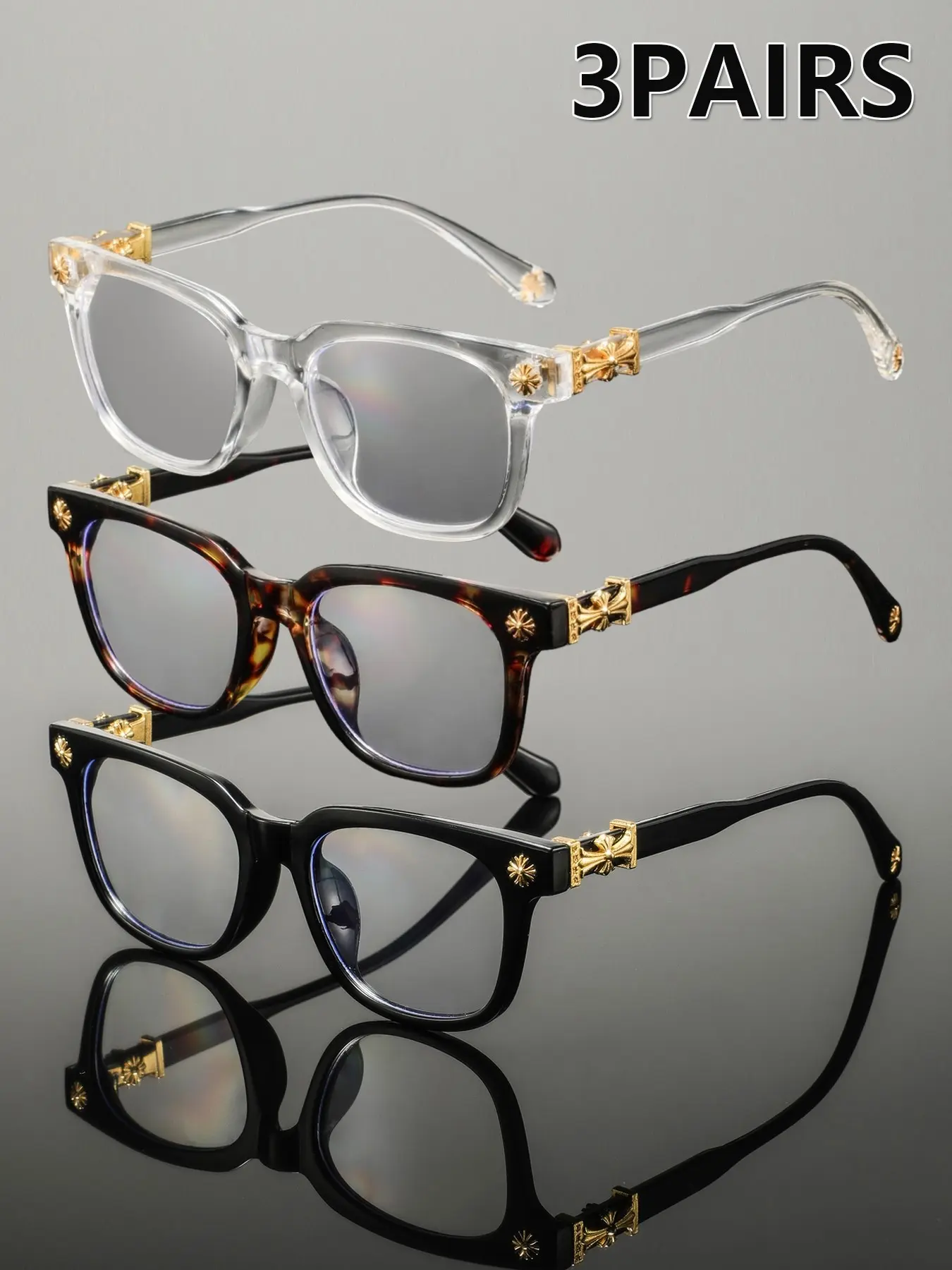 3pcs Men's Plastic Square Cross Star Studs, American Street Style Fashion Square Frames Eyeglasses, Elegant Casual Eyewear for College, Driving, Commuting