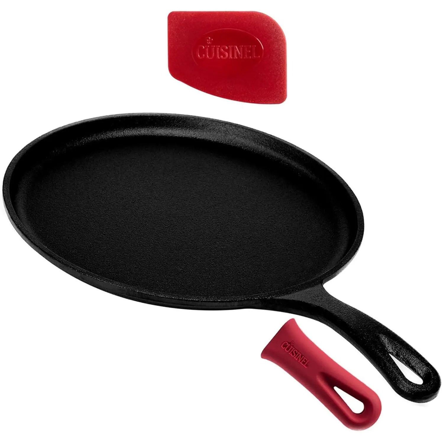 Pre-Seasoned 10.5-in Cast Iron Round Griddle Comal Pan, Cookware with Silicone Handle Cover, PFAS/PFOA-Free, Oven-Stovetop-Induction Safe (Ideal for Tortillas, Crepes)