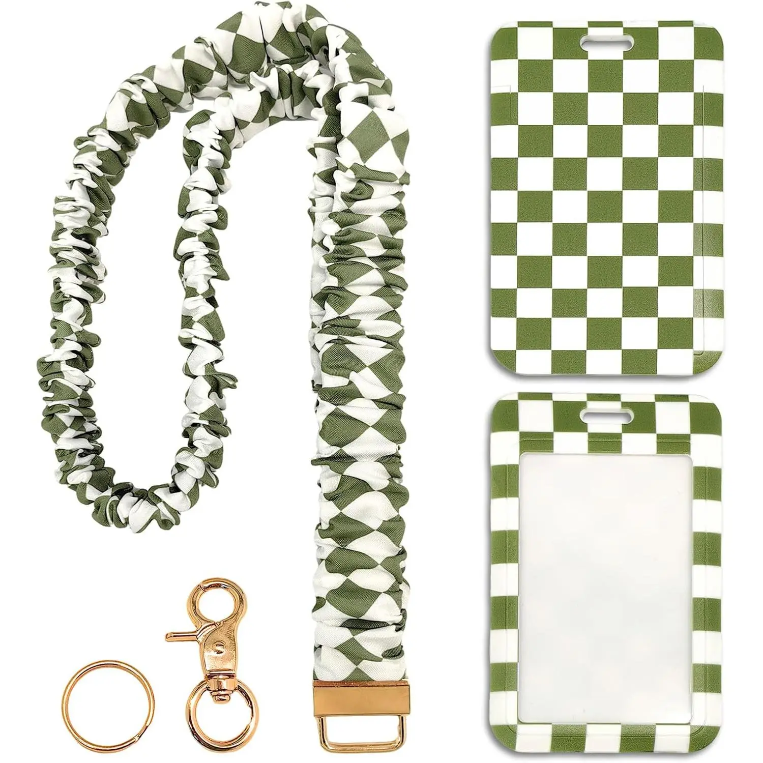 Scrunchie Lanyard/Stretchy Lanyards with ID Holder Checkered  Retractable Lanyard with Badges  Holder, Ideal for Women Teachers Nurse  to School Birthday Gifts (Green)