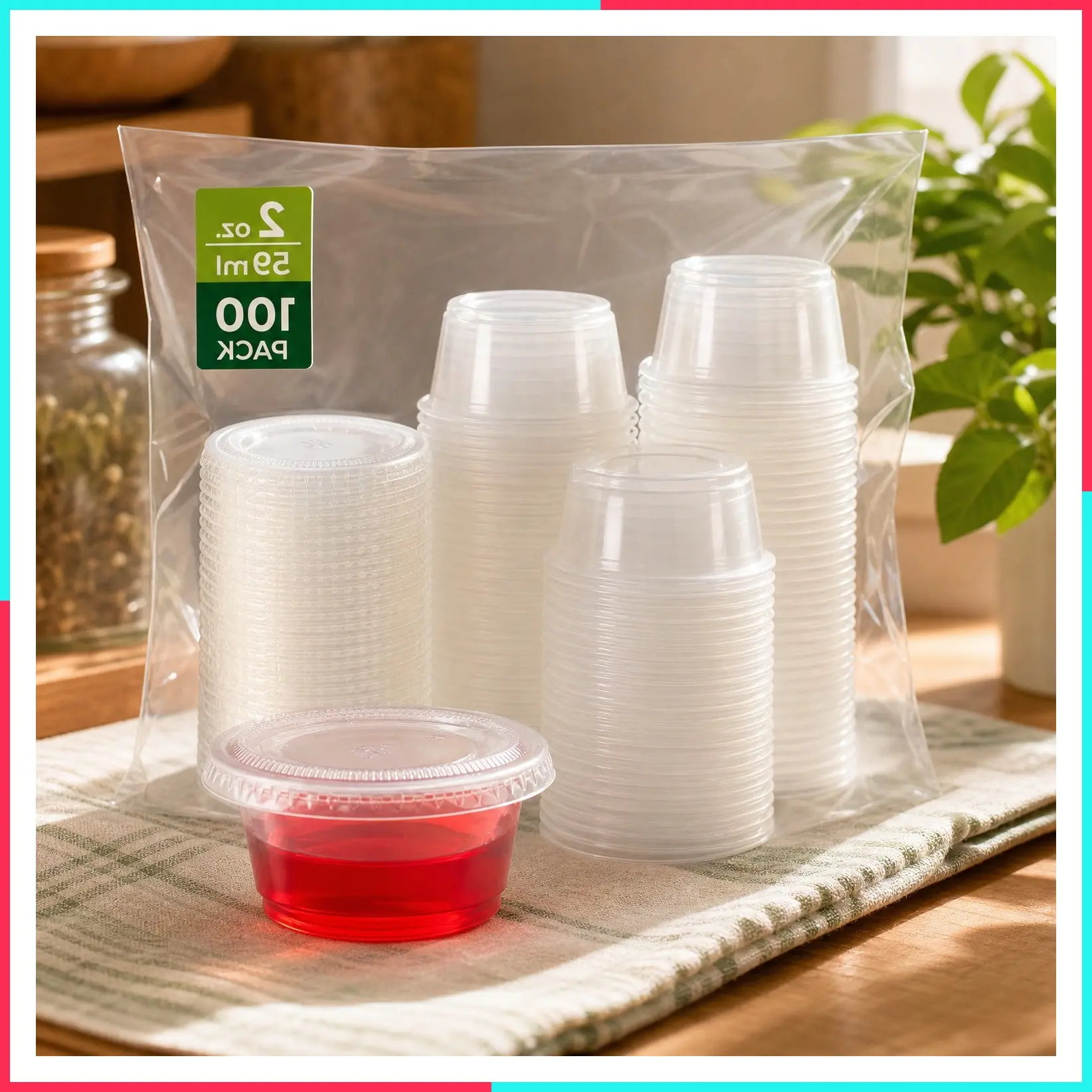 Disposable Plastic Portion Cups with Lids [2 Ounce, 100 Sets] for Meal Prep, Salad Dressing, Gelatin Shot Cups, Souffle Cups, Condiments and Dipping Sauces