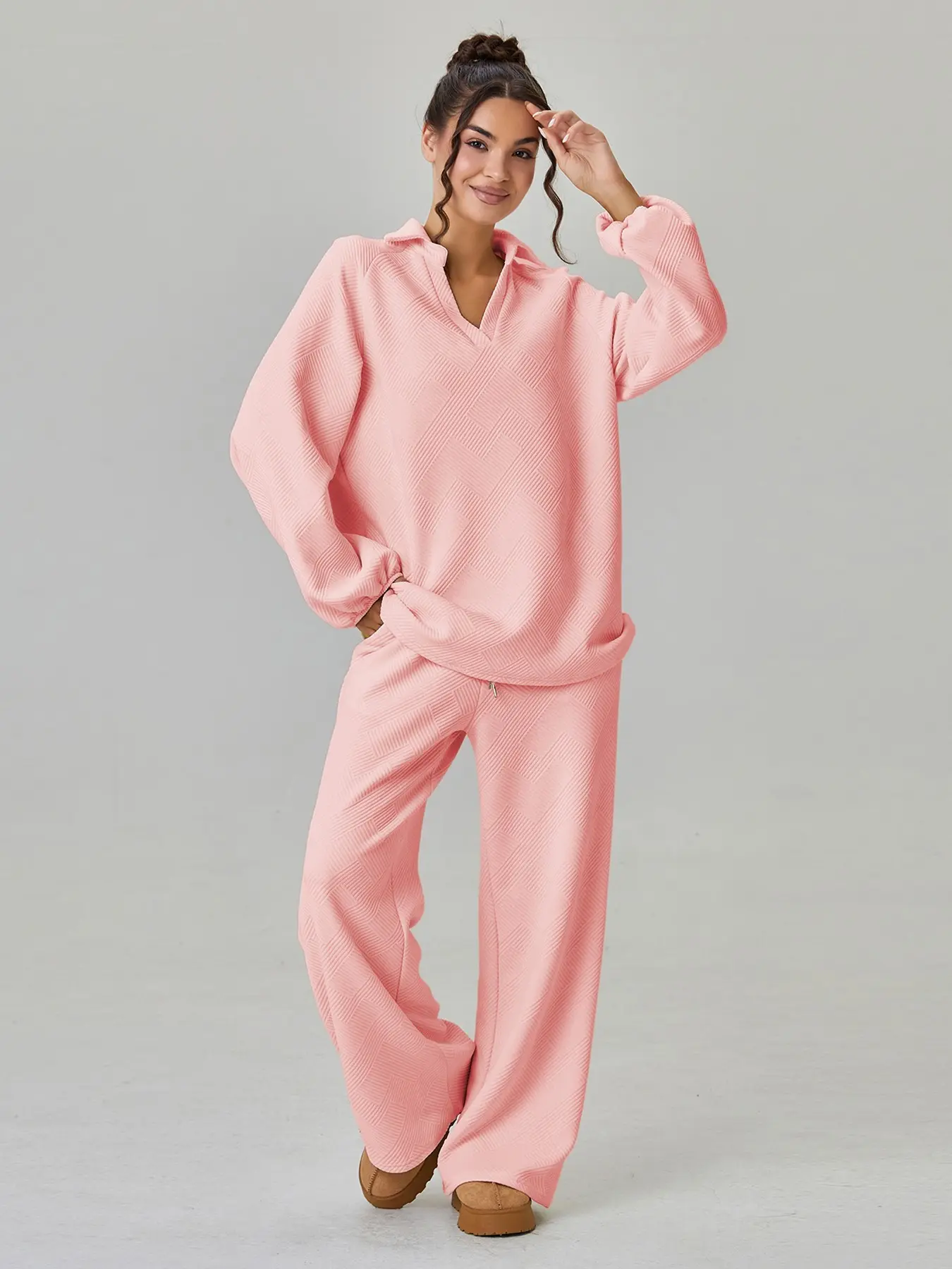 Women's Loose Fit V-Neck Knit Top and Drawstring Pants Set, Minimalist Two-Piece Pajama Set Lounge Wear, Soft Comfortable Loungewear Nightwear