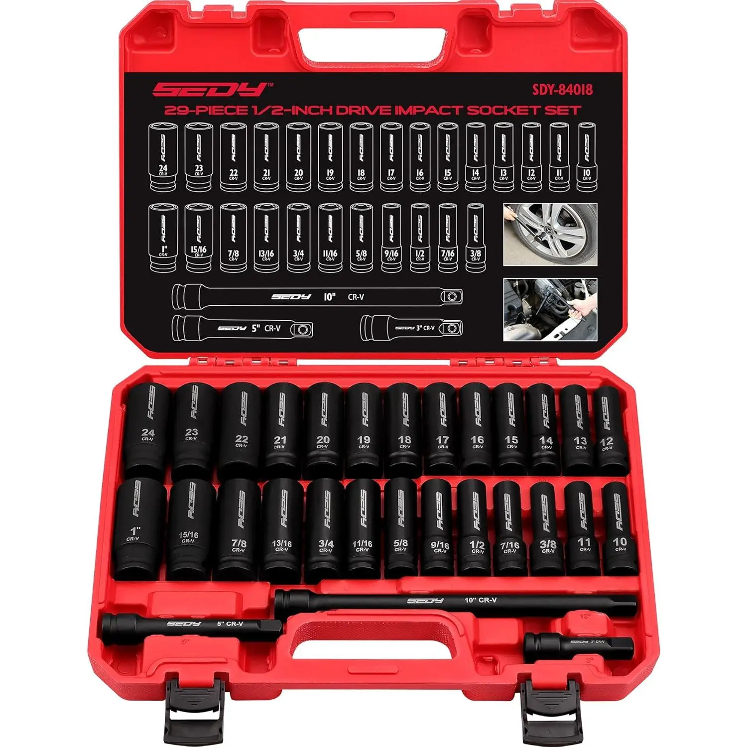 29-Piece 1/2" Drive Impact Socket Set for Mechanics, SAE (3/8-1 in) & Metric (10-24 mm) Inches/MM SAE/Metric Mix, CR-V Material, Extension Bars, High Durability for Auto Repair Tools for Mechanics, Mechanic, Impact Wrench