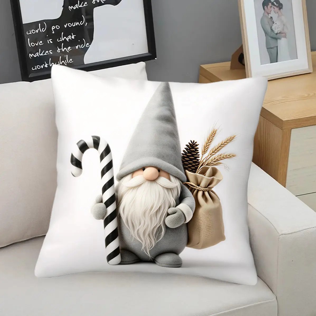 Light Luxury Christmas Style Throw Pillow, Machine Washable, Trendy Gnome Cartoon Print, Plush Soft Filling, Perfect for Christmas-Themed Living Room Decor (Insert Included, Removable Cover)