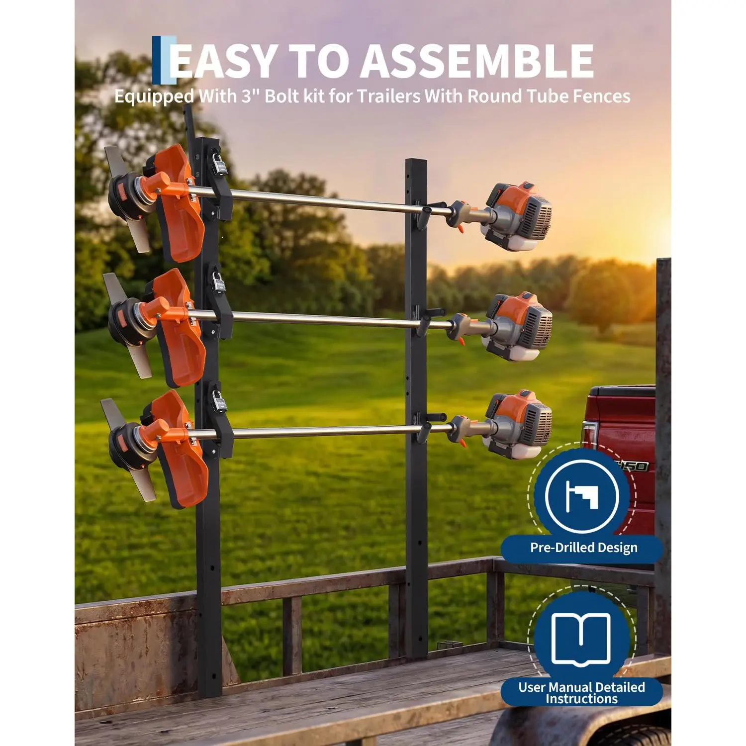 Garvee Upgraded 3-Weed Eater Trailer Rack, Steel Universal Trimmer Rack Carrier with 3 Lock and Foam Pads, Heavy Duty Landscaping Tool Holder for Utility Truck, Enclosed Trailer and Outdoor Work Use