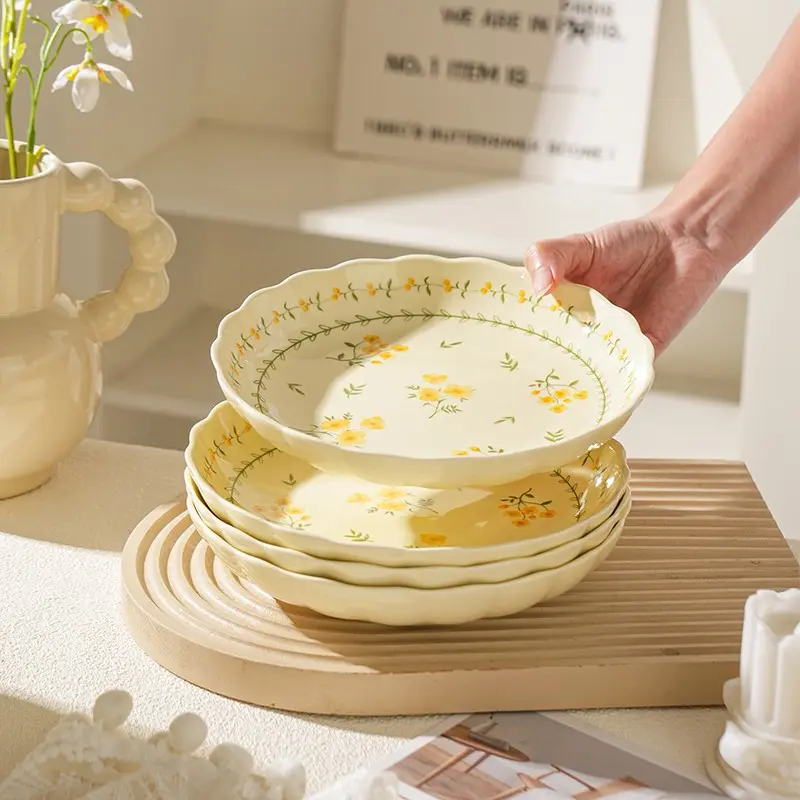 4-Piece 7-Inch Ceramic Salad Bowls, Flower Pattern, Sweet Treats & Snacks, Microwave Safe, Dishwasher Friendly, Non-Toxic Glaze