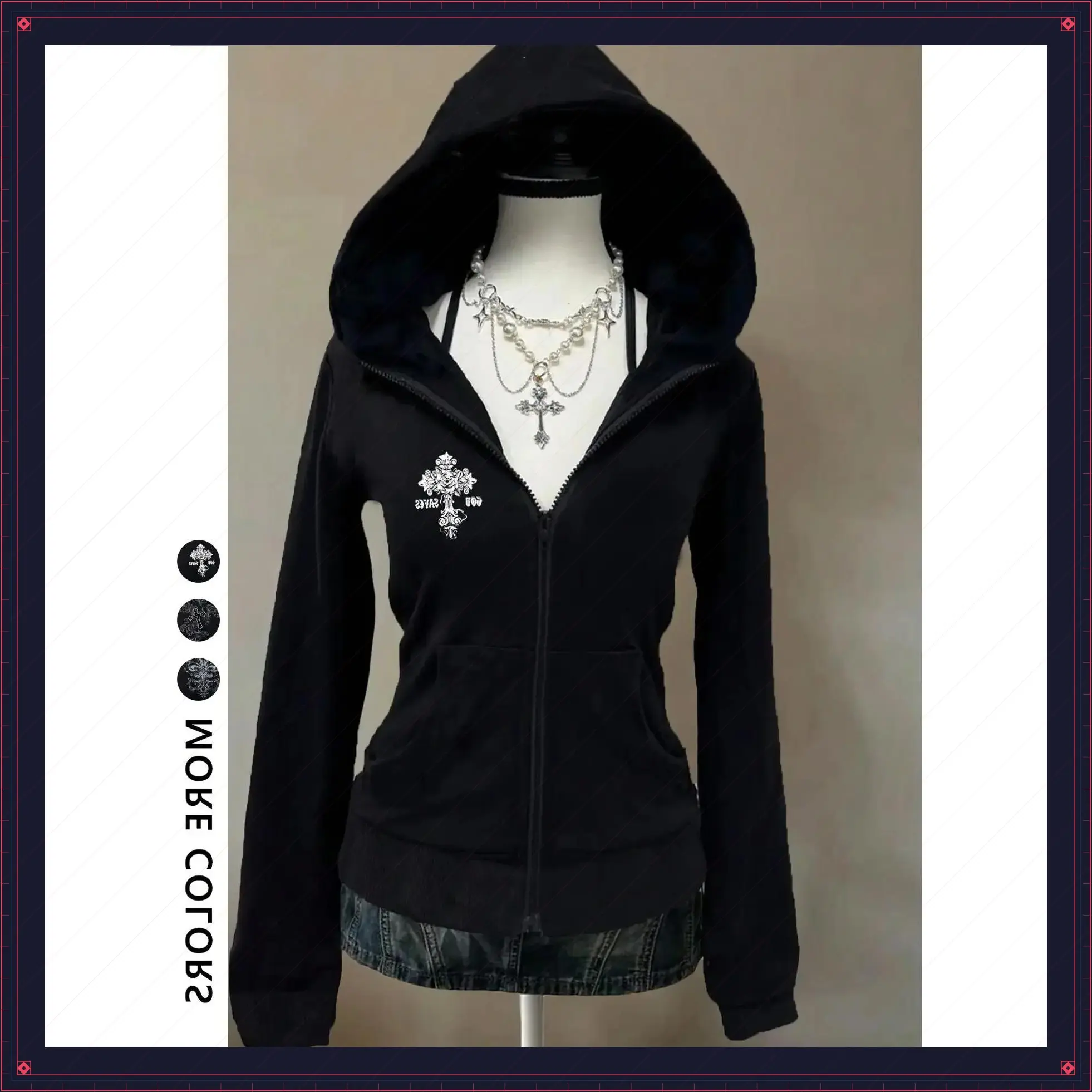 Women's YK Graphic Jacket, Gothic Style Hoodie, Fitted Cross Print Design, Fall & Winter Warm Comfortable Outerwear, Trendy Casual Wear