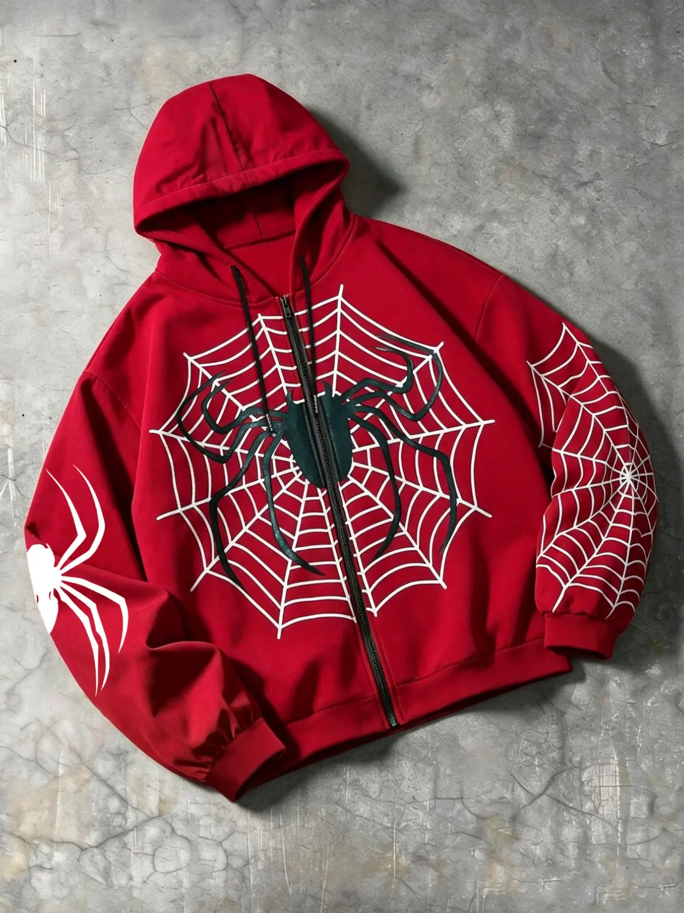 Spider Web Graphic Zip Up Hoodie Men, Y2K Street Style, Loose-Fitting Outerwear, Print Pattern, with Collar, Unlined, China Made