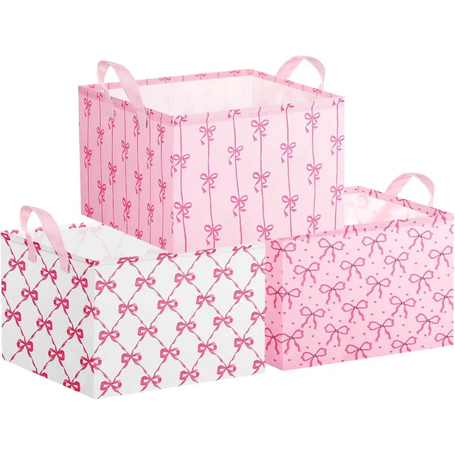 3 count  Bow Storage Baskets, Foldable Cute  Storage Bins with Handles,  Preppy Girly Organizer Boxes for Closet Shelf  Bedroom Decorative Room Decor