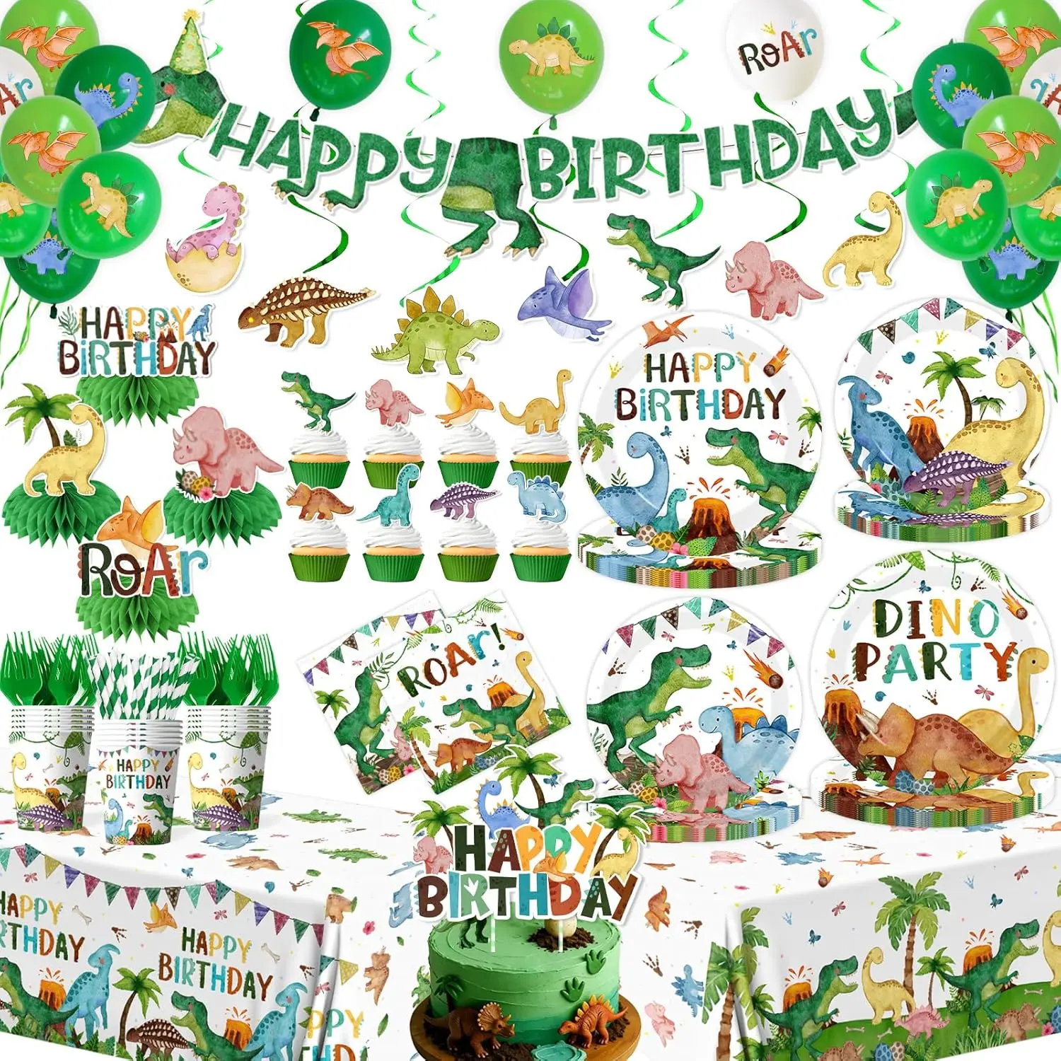 Dinosaur Birthday Decorations, 199 count Dinosaur Party Decorations Tableware Set Include Dinosaur Plates,Napkins,Cups,Balloon,Banner, Swirl,Cake Toppers,Tablecloth for Boy Dino Party Supplies