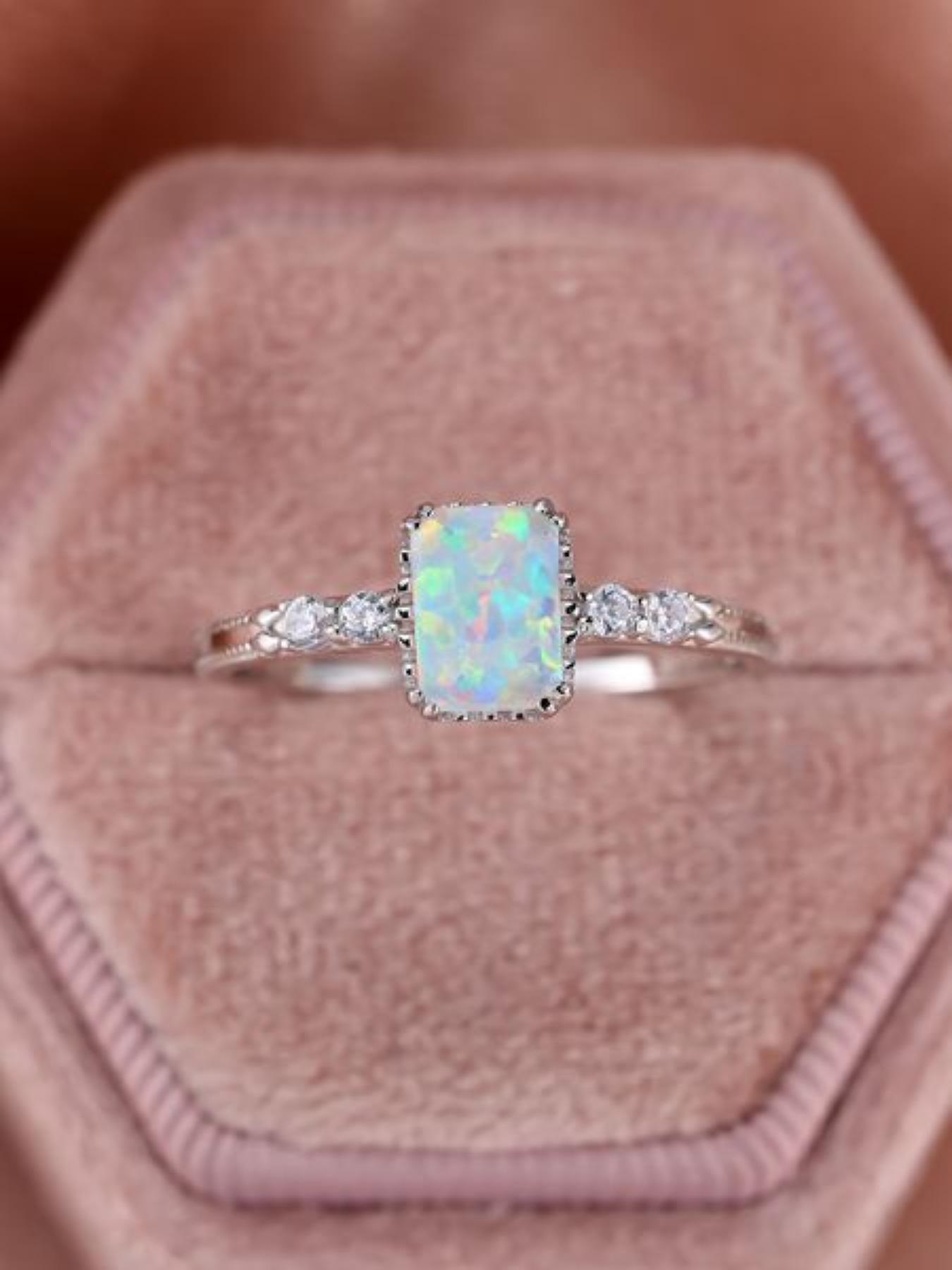 S925 Sterling Silver Fashion Rectangle Shaped Artificial Opal Ring, with Box, Simple Ring for Women, Trendy All-match & Exquisite Jewelry for Birthday Gift, Elegant Casual Ring
