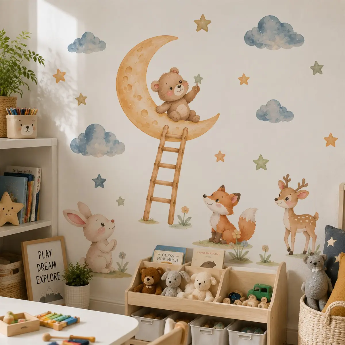 2pcs Woodland Animal Wall Decals, Bear Moon Space Explorer Stickers, Nursery Kids Bedroom Playroom Decor, Cute Wall Decor, Universal Flat Sticker Type