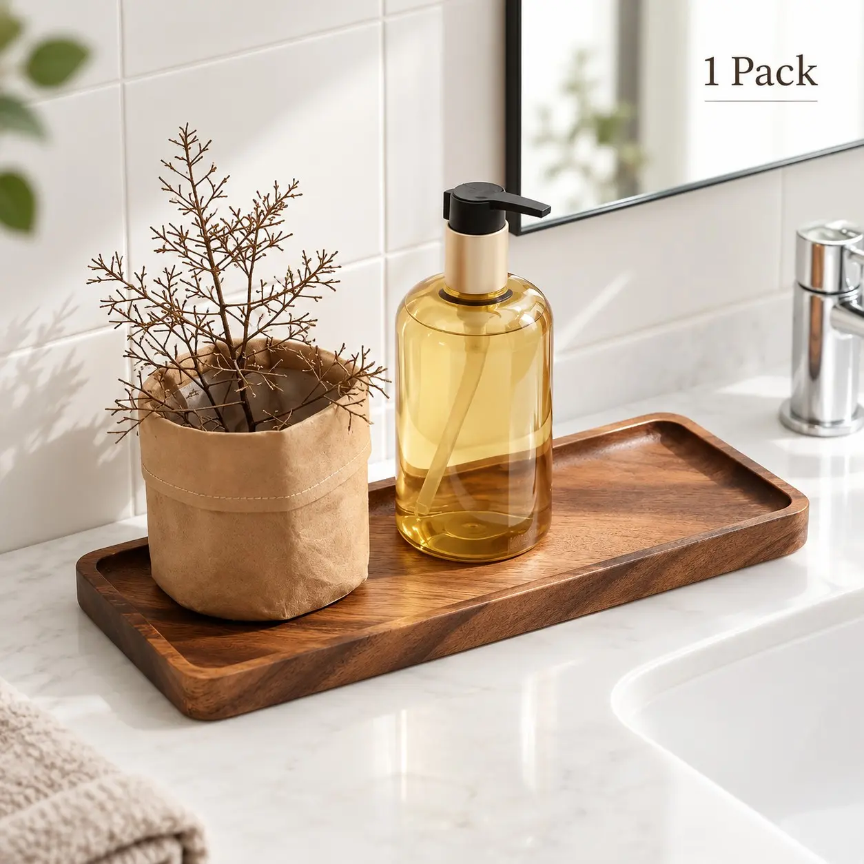 1PC Rectangular Wooden Tray, Large Bathroom Counter Storage Tray, Bathroom Accessories Organizer, Polished Natural Wood Grain Vanity Holder, Simple Wooden Decor Tray