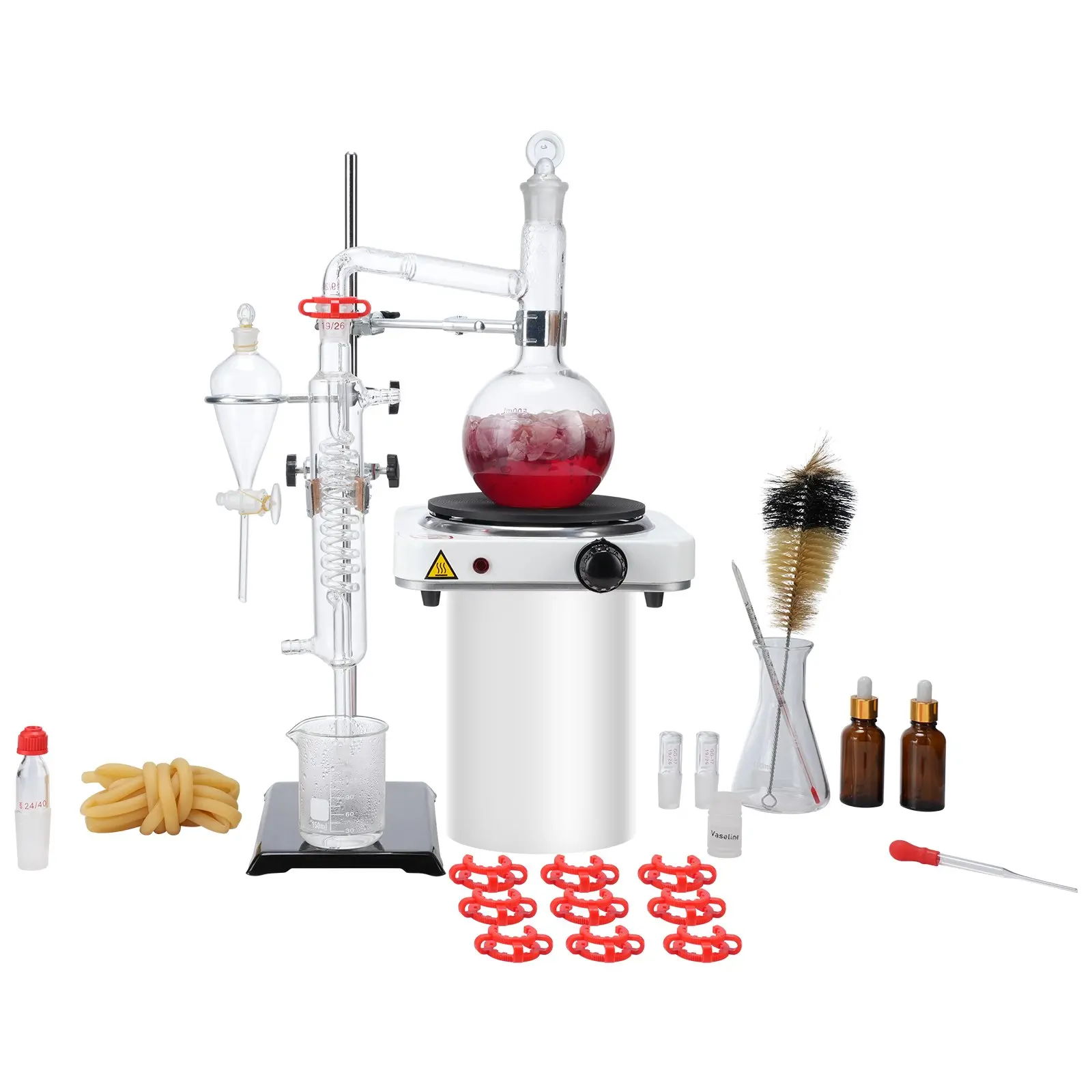 VEVOR 500ml Essential Oil Distillation Kit - 3.3 Boro Lab Glassware, 1000W Heating Plate, 24-40 Joint, 33-Piece Set for Lab Use, Boosts Experimental Efficiency, Ensures Distillation Purity via Essential Oil Extraction