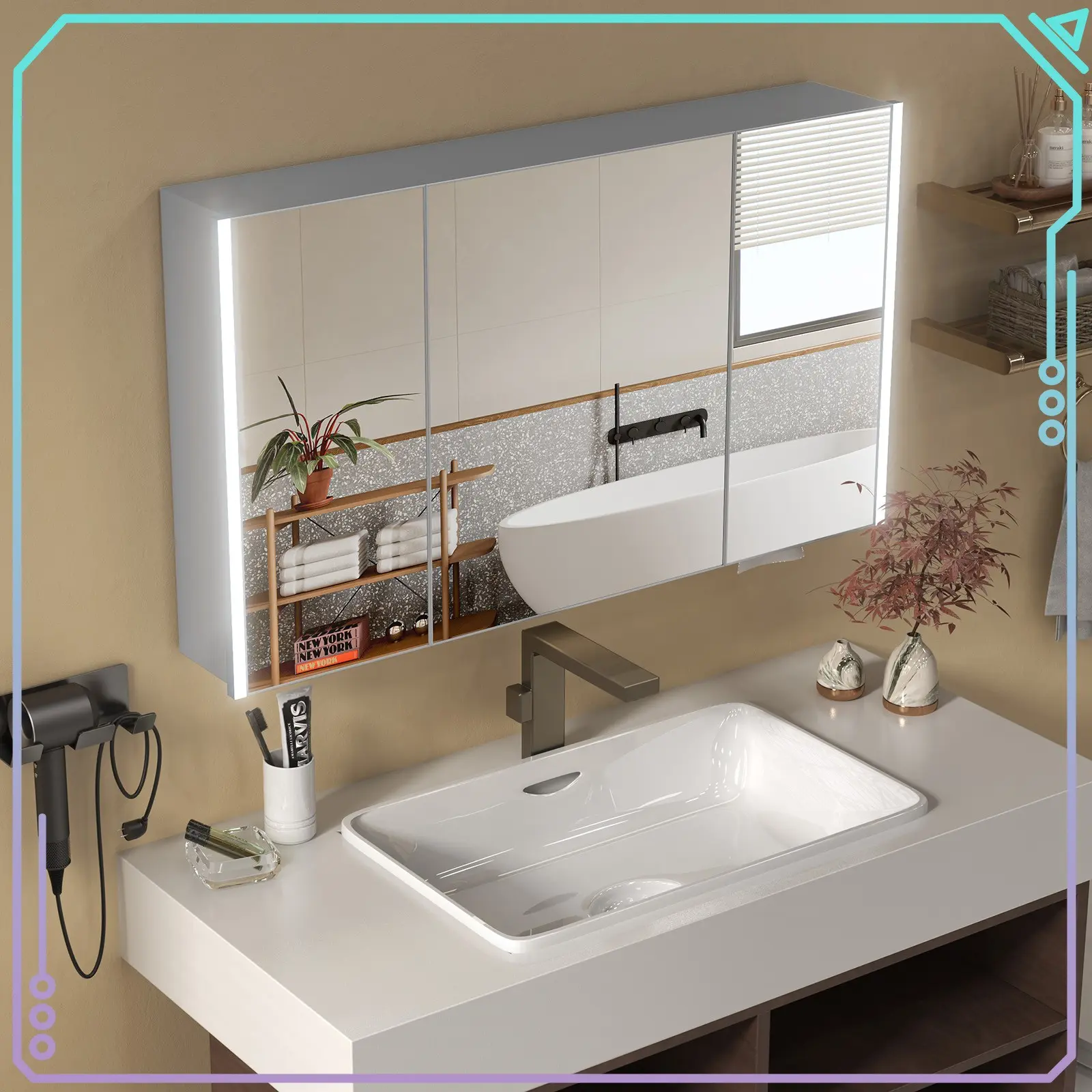 Modern Rectangular LED Mirror Cabinet with 3 Doors, Embedded Wall-Mounting Bathroom Medicine Cabinet, Waterproof IP44, 8 Storage Shelves, Black