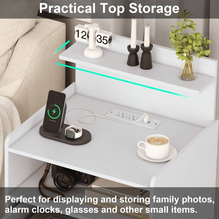 - White LED Nightstand with Charging Station, Bedside Table with 2 Drawers & Open Storage, RGB LED Lights, 2 USB Ports + 2 Outlets, 15.7"Dx17.7"Wx28.7"H, MDF Material