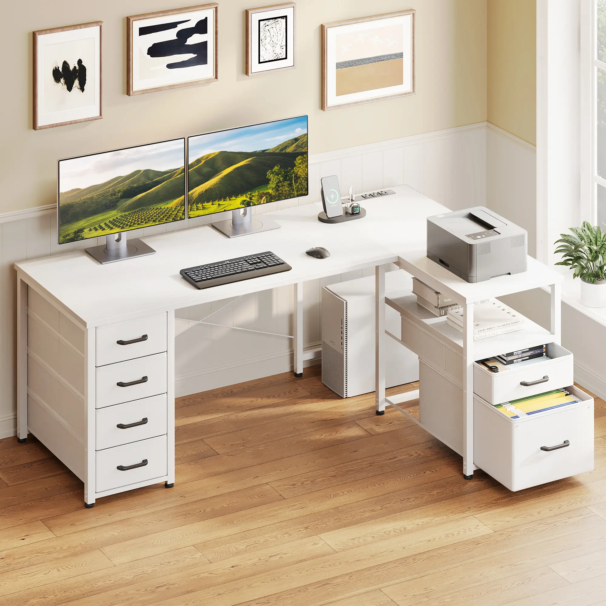 AODK Modern L-Shaped Corner Computer Desk - Large Workstation with Metal Frame, 6 Drawers, Reversible Storage Shelf, File Drawer, 1 Type-C Charging Port, Sturdy Legs, Easy Setup for Home Office Commercial Furniture