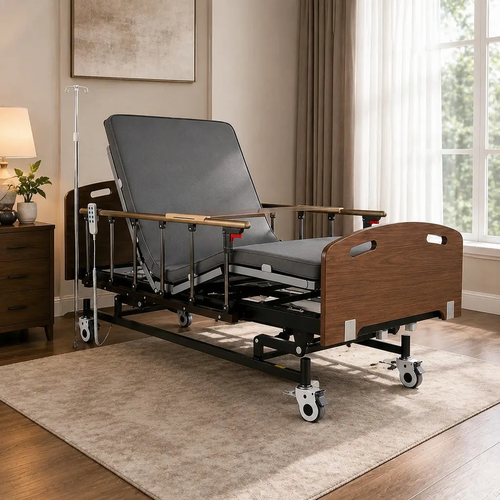 Full Electric Adjustable Bed Frame Combo with Mattress, Twin XL, Chocolate, MDF+Iron Frame, 3-Function Home Care Bed with Remote, IV Pole, Guardrails, Lockable Casters, 83"x42.5"