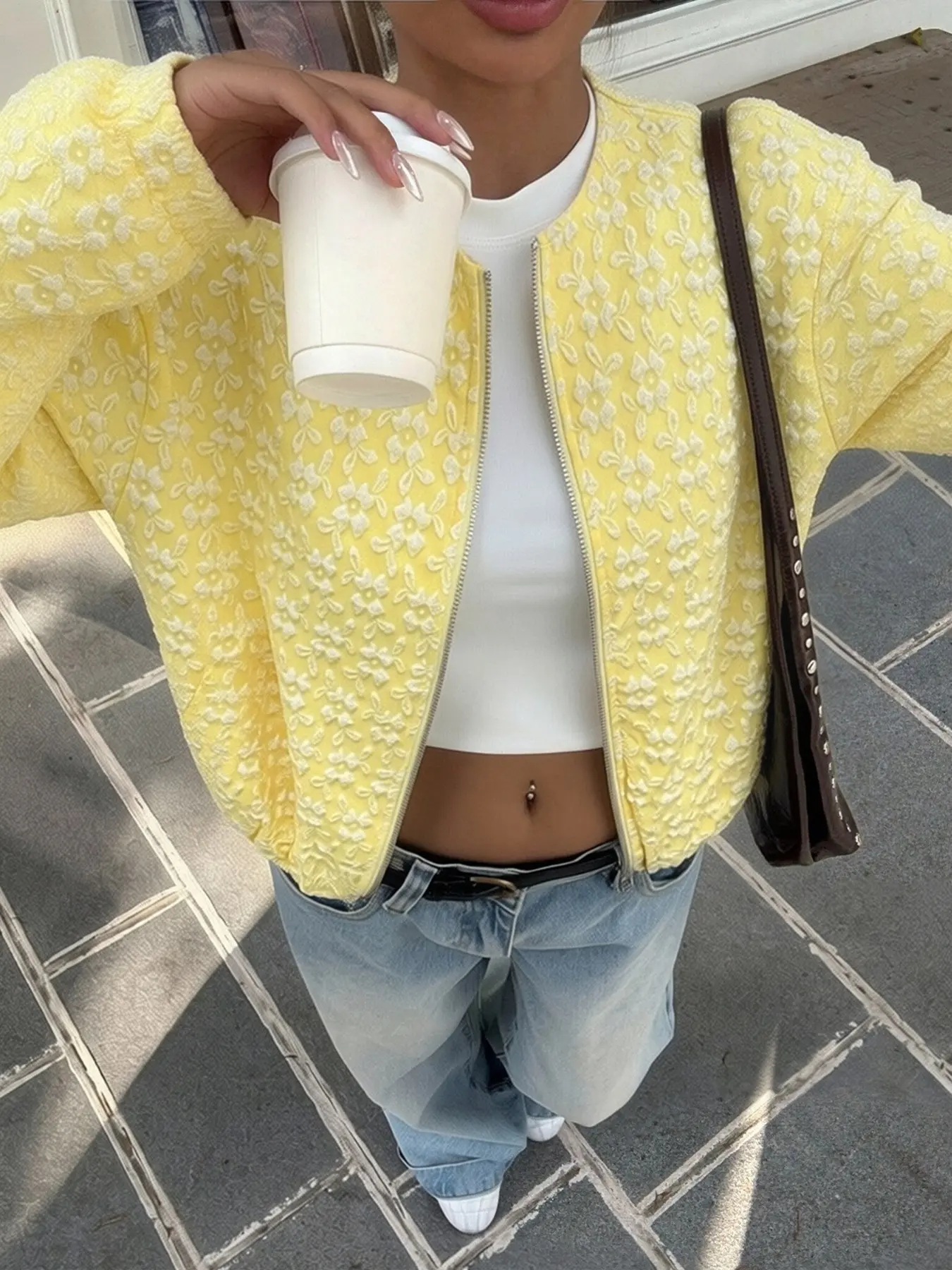 Women's Yellow Textured Floral Embossed Zip-Up Bomber Jacket, Y2K Casual Crew Neck Long-Sleeve Cropped Outerwear, Suitable For Spring Daily, Street And Vacation Outfits