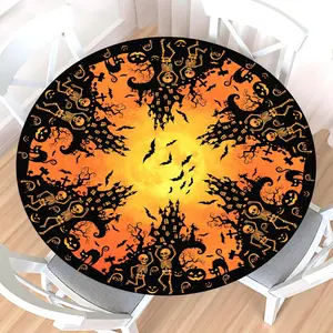 Halloween Round Fitted Tablecloth with Elastic Edge,Water-Resistant Reusable Spooky Black Orange Pumpkin Skull Bats Table Cover for 44-48" Stretch Table Cloth for Dinner Indoor Outdoor Party Patio