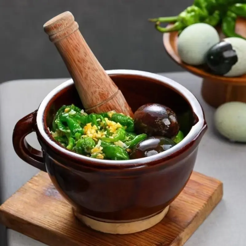 Large Ceramic Mortar and Pestle Set with Wooden Pestle, Vintage Style Manual Garlic & Spice Grinder, Heavy Duty Grinding Bowl for Chili, Herbs, Garlic, Spices, Sauces & Kitchen Food Prep