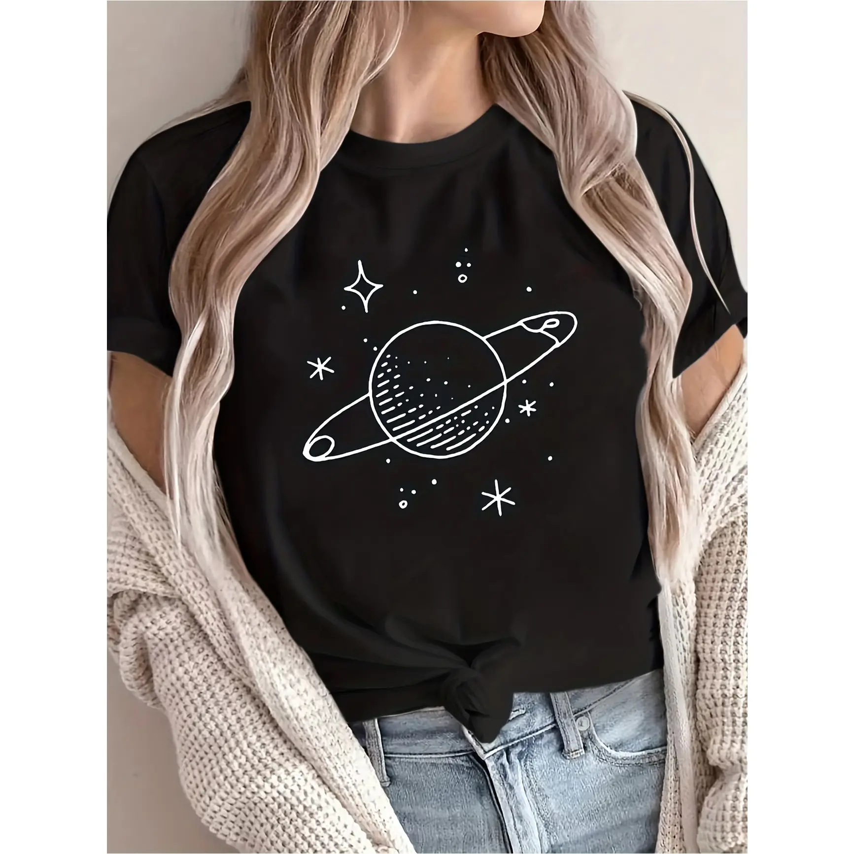 Women's Soft Minimalist Casual Short-Sleeve Tee - Saturn Planet Multi-Shape Star Single-Line Space Cosmic Graphic Cotton Oversized T-Shirt, Perfect Gift for Astronomy Space Aesthetic Lovers