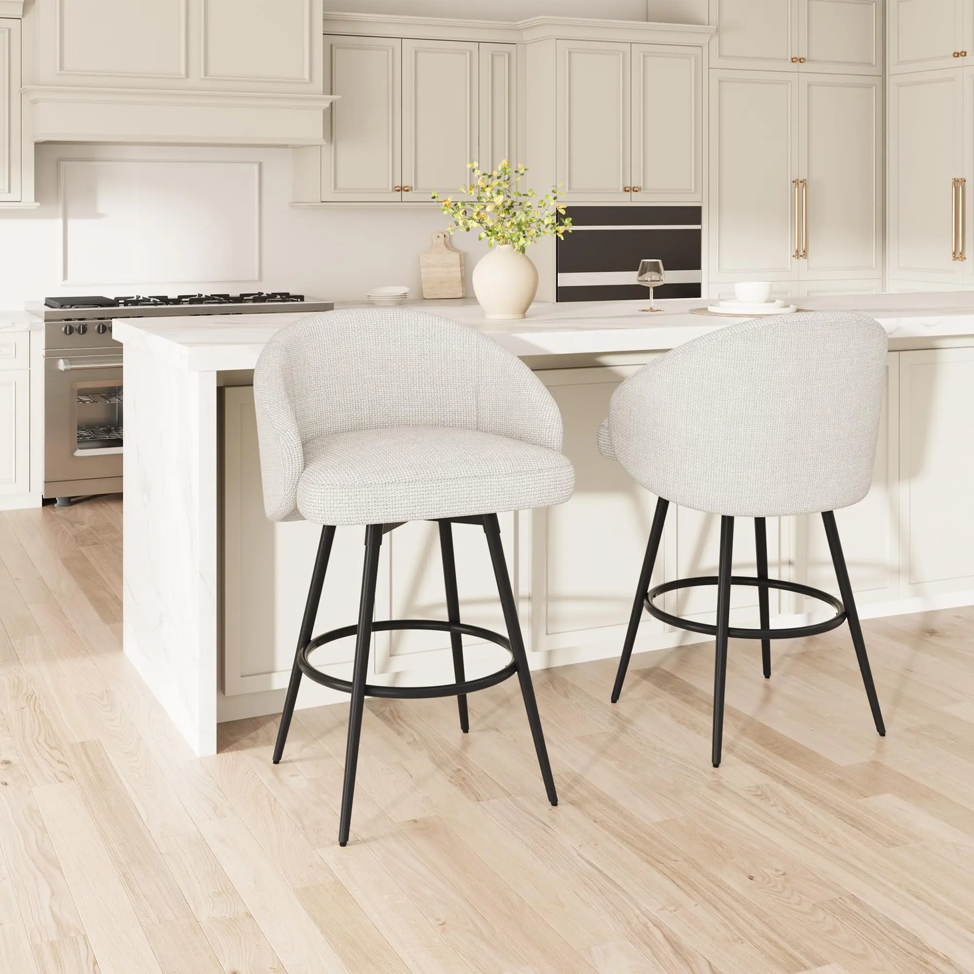 Swivel Bar Stools Set of 2, Counter Height Bar Stools with Backs & Footrest, 360° Silent Swivel Linen Upholstered Bar Stools, Sturdy Black Metal Frame, Modern Kitchen Island Chairs (Only Chair)