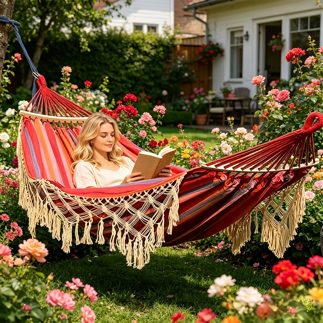 Tassel Hanging Hammock Swing - Heavy-Duty Double Outdoor Backyard Polyester Hammock with Anti-Rollover Design, 181kg Capacity, 59in Twin Size for Camping & Beach Vacation, Backyard Hammock