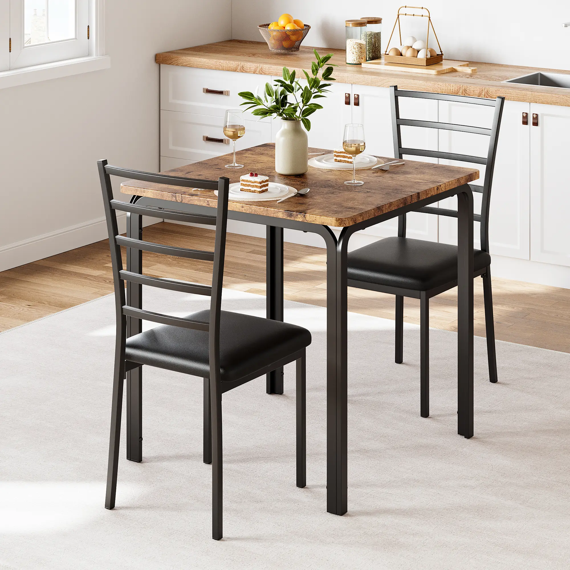 3 Piece Dining Table Set for 2, Small Square Table and 2 Padded Cushioned Chairs, Compact Dinette Set for 2 Person, Space Saving Kitchen Breakfast Nook Furniture Set, Dinner Desk Combo Ideal for Small Apartment, Living Room, Home Office & Indoor Bar Use