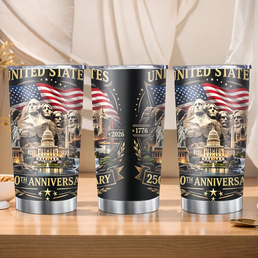 20oz (500-1000ml) Stainless Steel Insulated Flask Tumbler for Adults, Commemorative America's 250th Anniversary 1776-2026, Mount Rushmore & US Capitol Full Print, Included Straw, Double Wall, Heat-Cold Hold