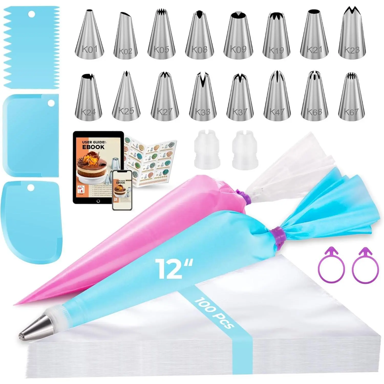 124 count Icing Piping Bags and Tips Set, Cake Decorating Kit with 100 Anti Burst Piping Bags 12 Inch, 16 Icing Tips,  Pastry Bag, 3 Scrapers, 2 Couplers, 2 Bag Ties (Blue)