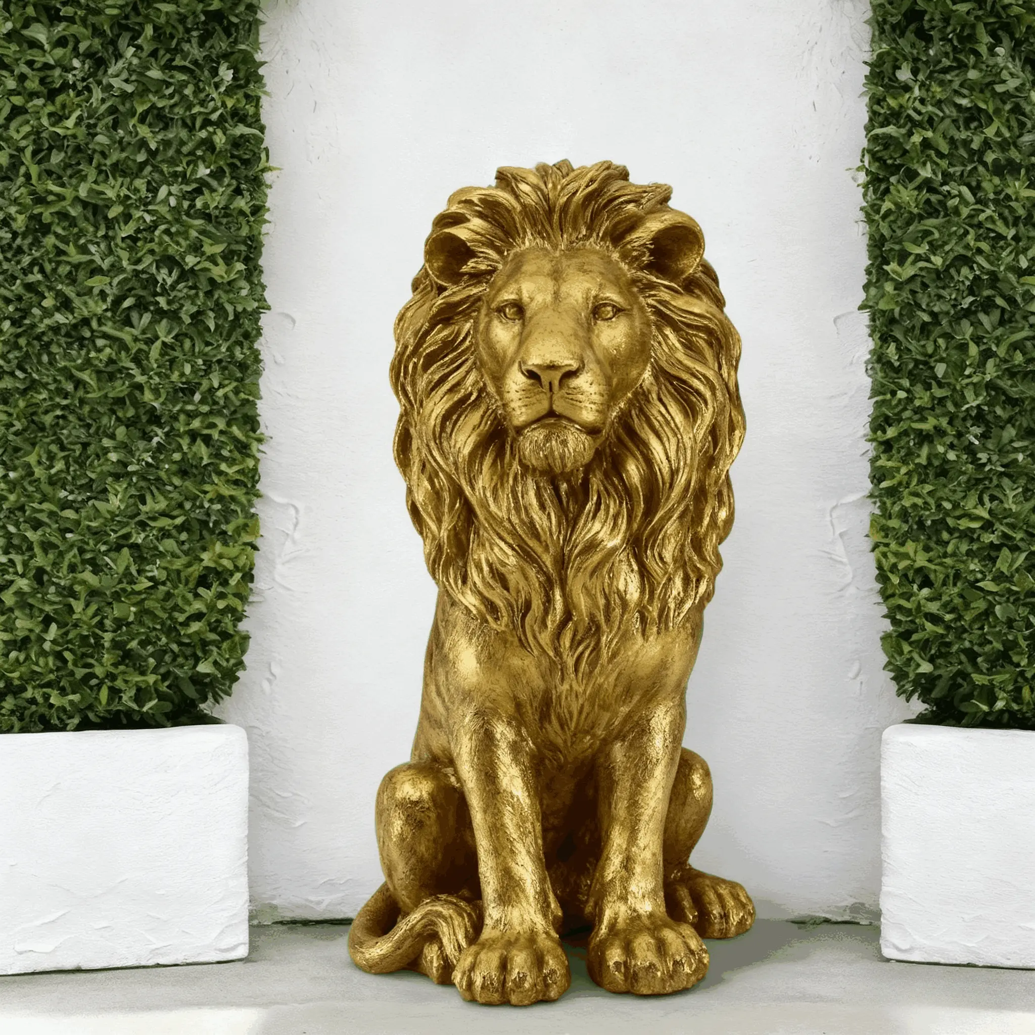 24 Inch Golden Sitting Lion Statue, Weatherproof Resin Guardian Sculpture, Majestic Outdoor Yard Decor Ornament for Garden Patio Lawn Porch, Symbol of Protection Home Front Door Decor