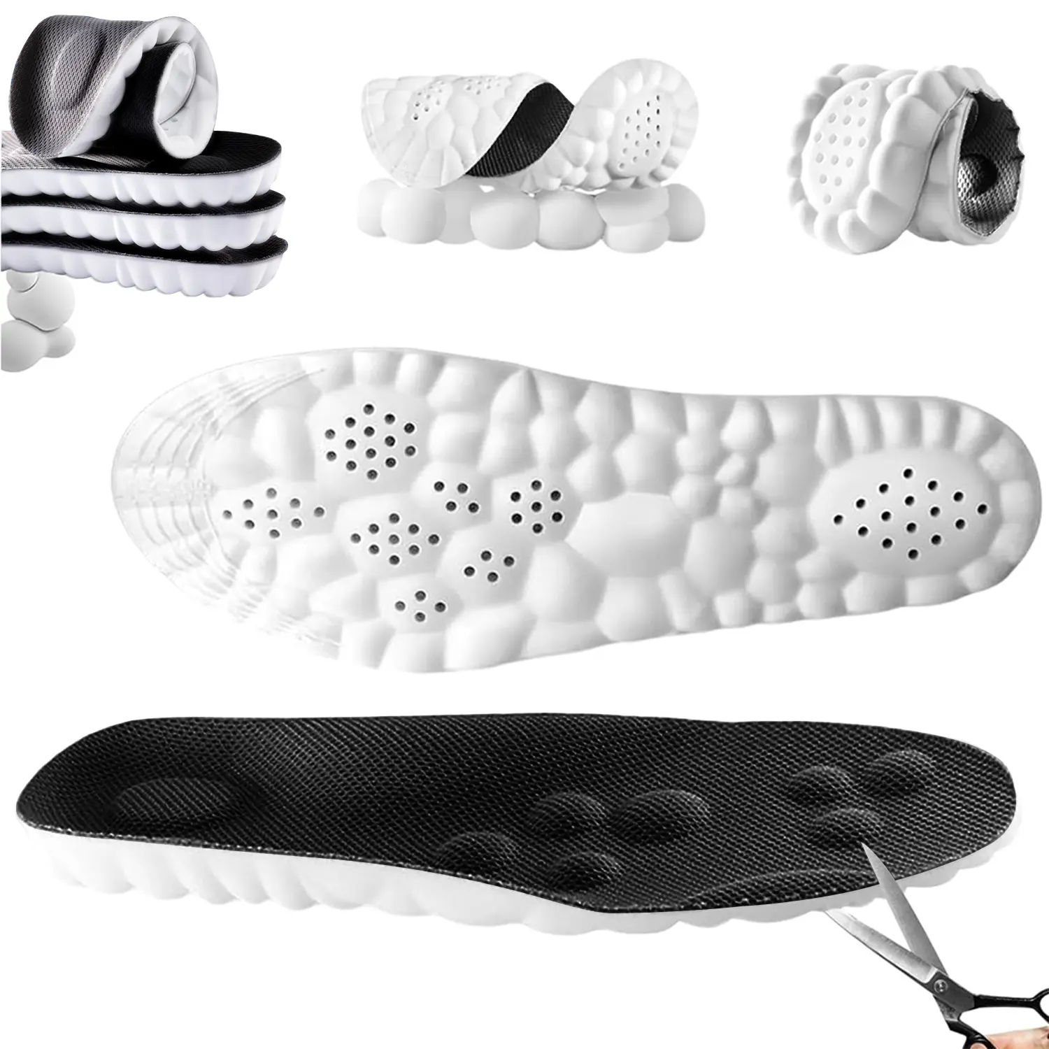 Men's 4D Massage PU Shoe Insoles - Shock-Absorbing, Breathable, Cuttable Full-Length Cushion Inserts with Odor Reduction for Running, Hiking