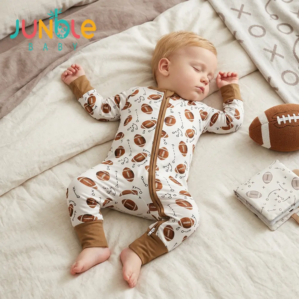 Junblebaby Bamboo Fiber  Baby Onesie, baby bamboo zipper romper,baby clothes,rugby football print pattern,baby Long Sleeve Footed Romper with Full Two-Way Zipper, Breathable Basic Daily Loungewear for Newborn Toddler 0-3 Years Old mitten cuff foot