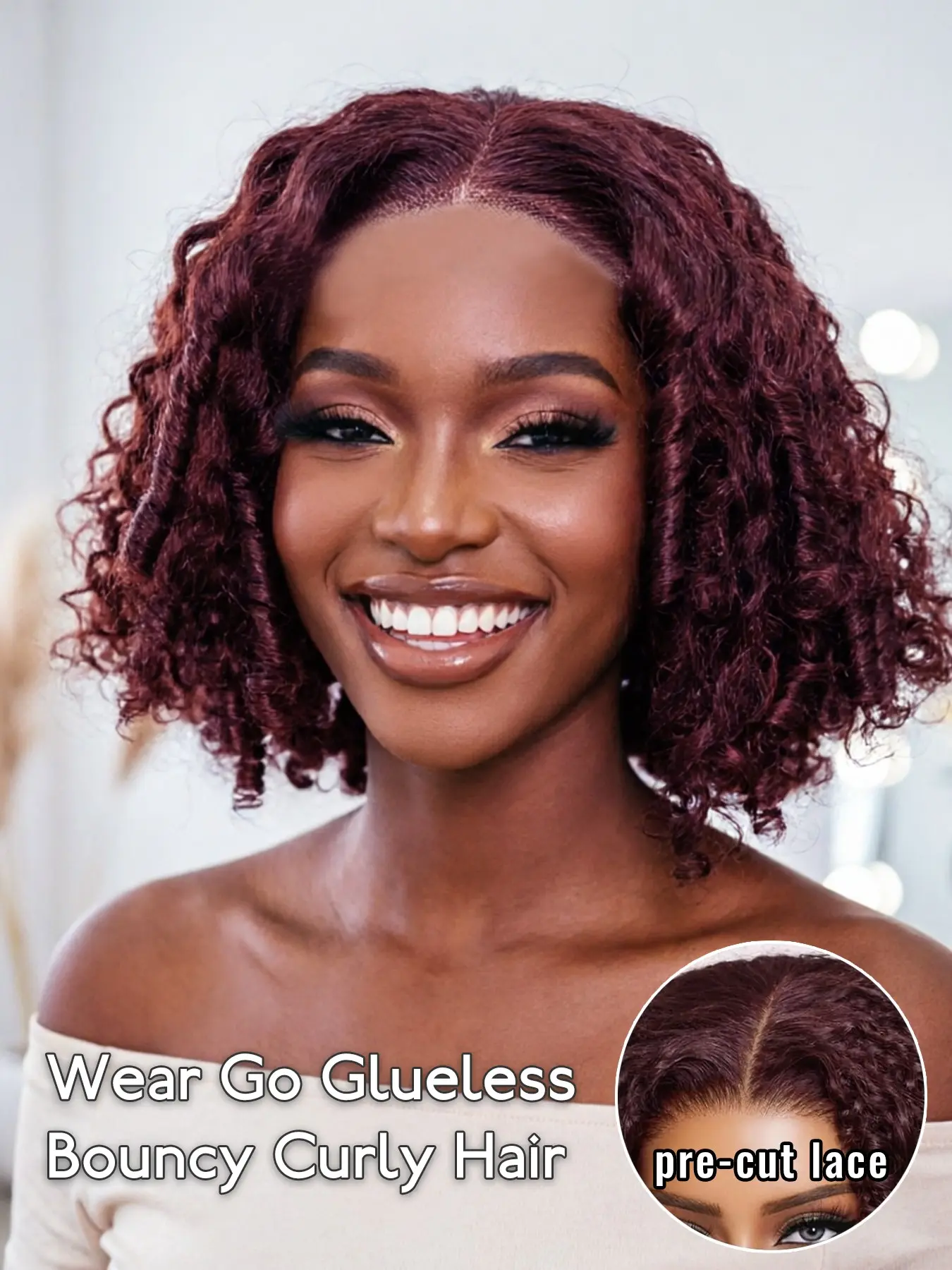 Pixie Curly Human Hair Wig for Women, 5x5 Glueless Lace Closure, Brown & Burgundy Short Bob, Middle Part Defined Ends Curly Cut, Fashion Shade, Pre‑Cut Lace, Wear & Go Hairstyle For Daily Casual Use