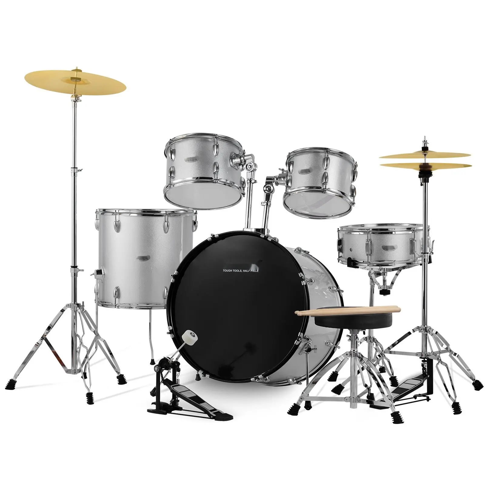 Adult 5-Piece Drum Set, 22-Inch Full-Size Drum Kit With Bass Drum, Tom Toms, Snare, Floor Tom, Adjustable Throne, Cymbal Stands, Hi-Hat, Pedal, And Drumsticks, Beginner Friendly Percussion Set In Silver Finish
