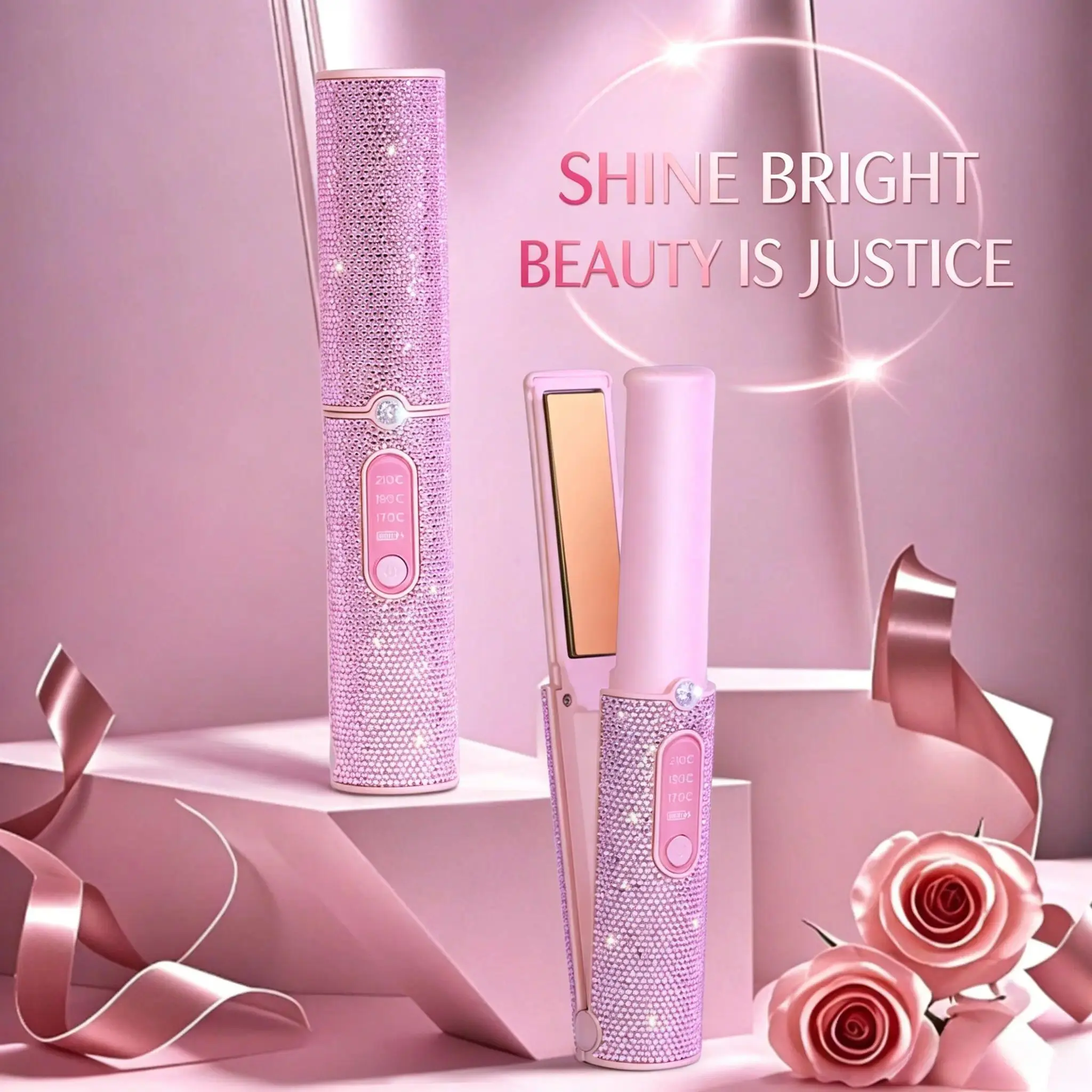 Pink Rhinestone Cordless 2-in-1 Hair Straightener Curler, Adjustable Temp Mini Portable Travel Flat Iron for Daily Home & Outdoor Styling