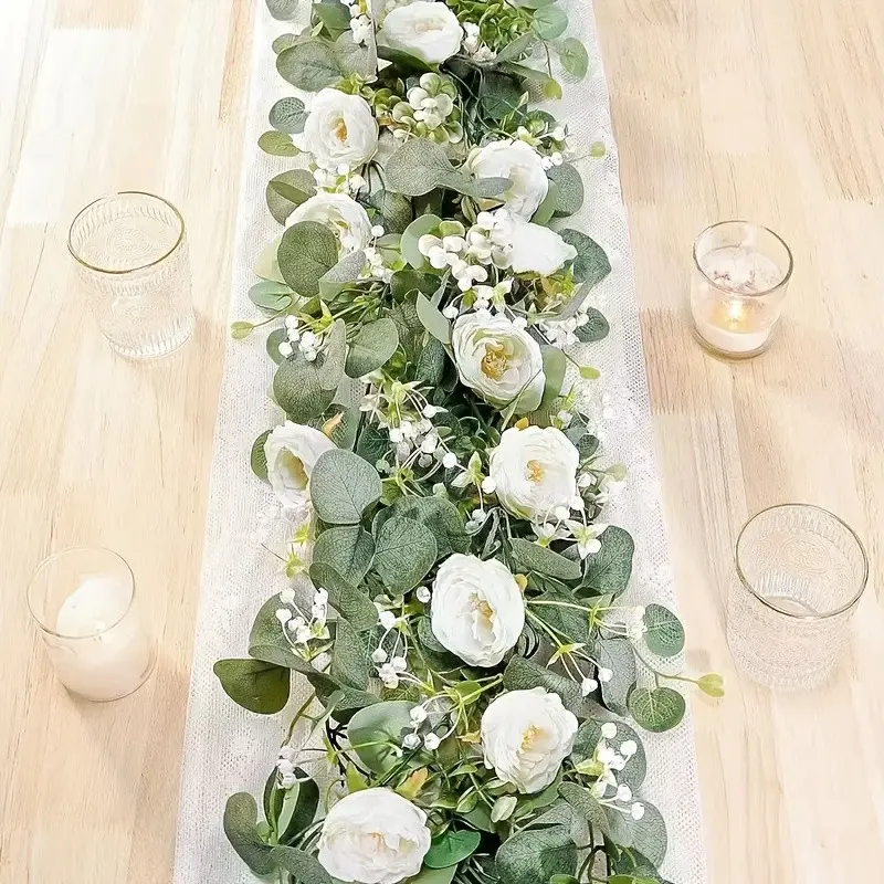 4pcs Realistic Eucalyptus & White Rose Wreaths, Artificial Flower Decorations - 70.87' Tall Artificial Floral Vines for Weddings, Home Decor, Festivals & Parties - Indoor/Outdoor Use, Thanksgiving, Christmas