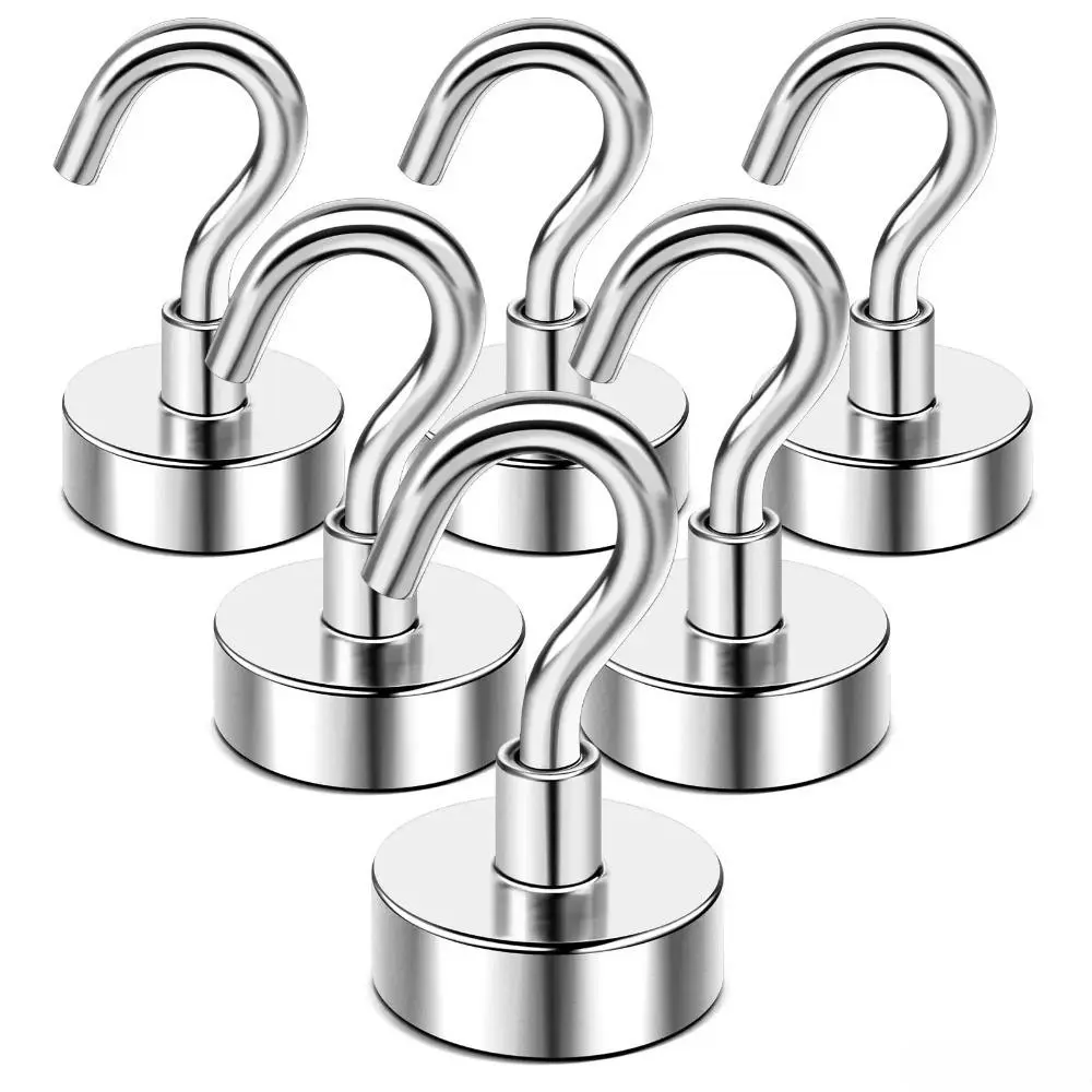 2026 New Arrival 6 Pack Silver N52 Magnetic Hooks, 30LBS Heavy Duty Strong Magnet Hanging Hooks, Multi-Use Storage Hangers for String Lights, Fridge, Kitchen, Grill, Cruise Ship, Classroom Organizing
