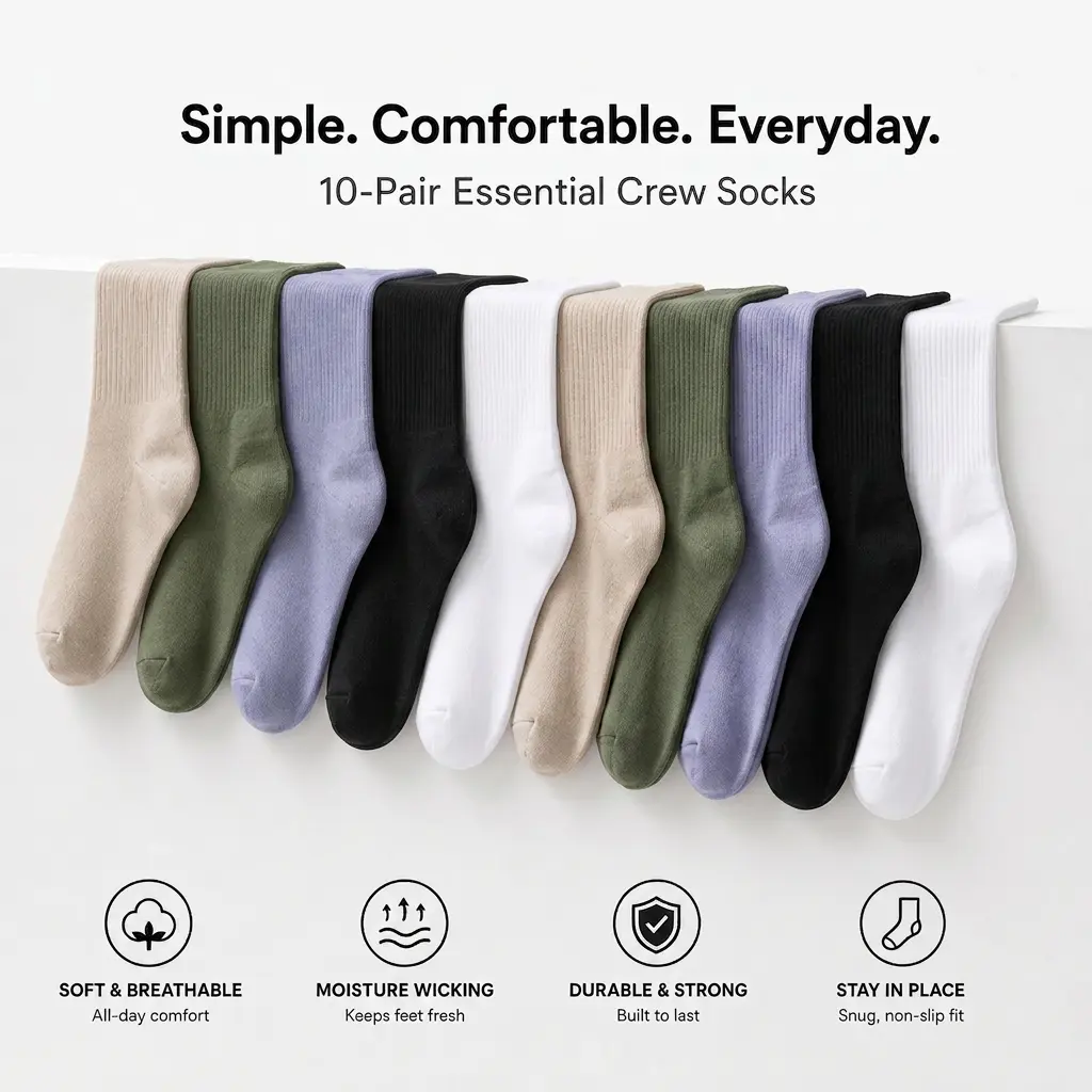 10-Pair Essential Crew Socks Set| Unisex Breathable Mid-Calf Socks with Reinforced Heel
